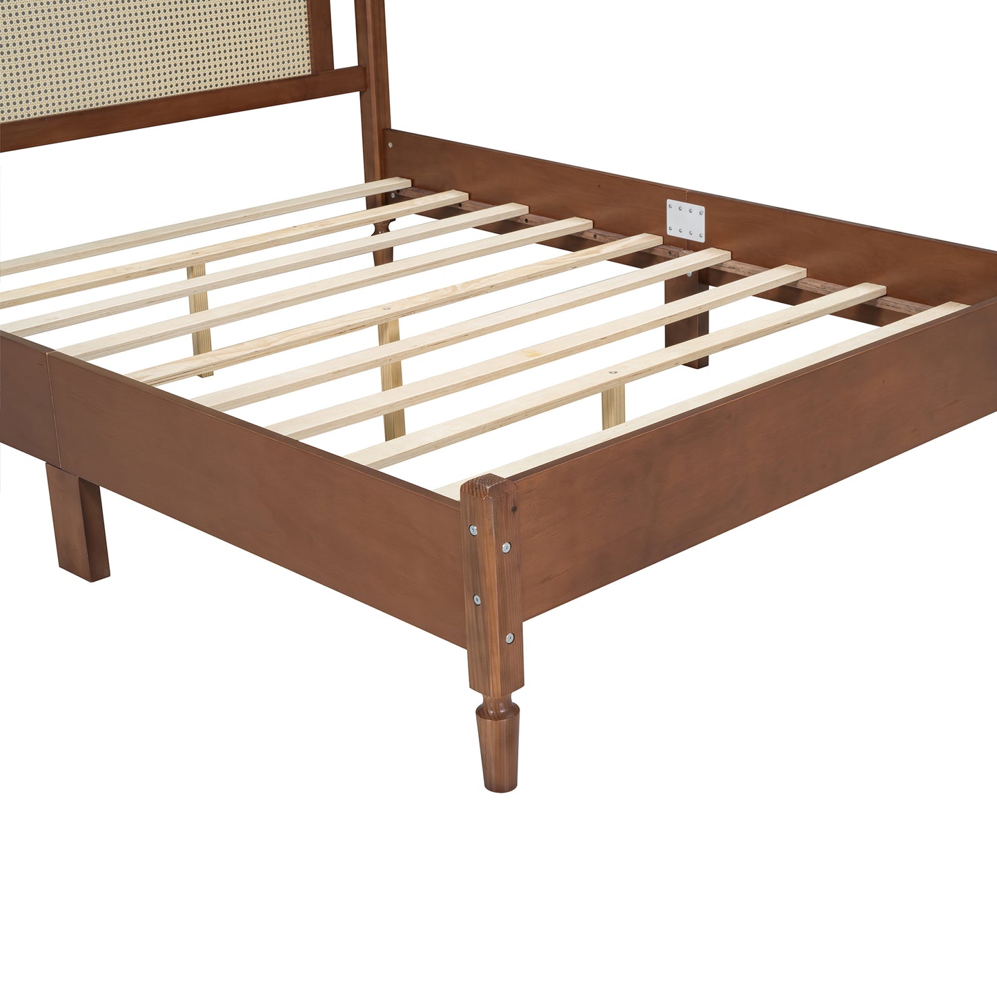 Queen Size Wooden Platform Bed with Natural Rattan Headboard, Vintage Bed Frame with Wooden Slat Support, Walnut (Expected Arrival Time: 08.23)