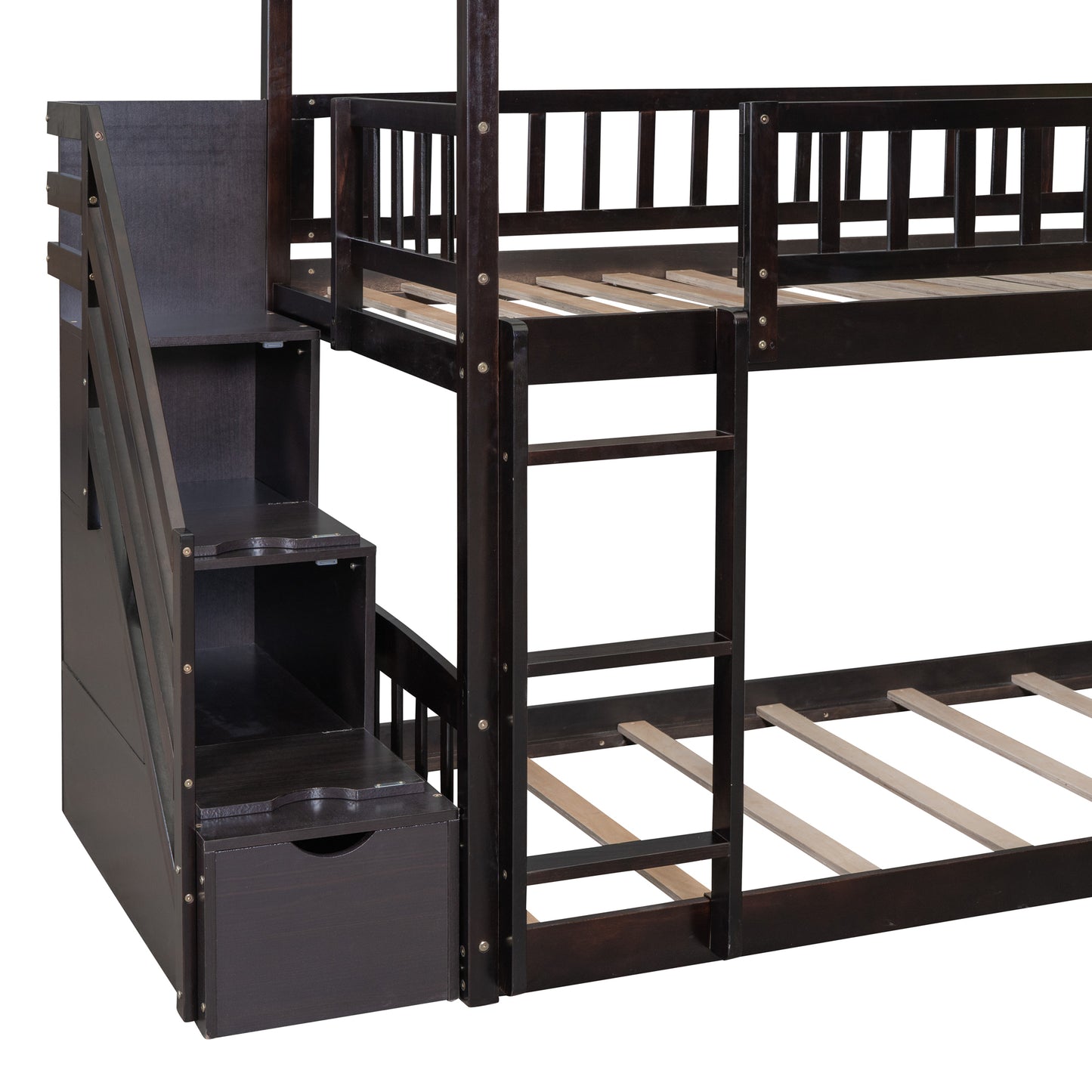 Twin Over Twin Bunk Bed with Drawers and Slide, House Bed with Slide,Espresso(OLD SKU :LT000215AAP)