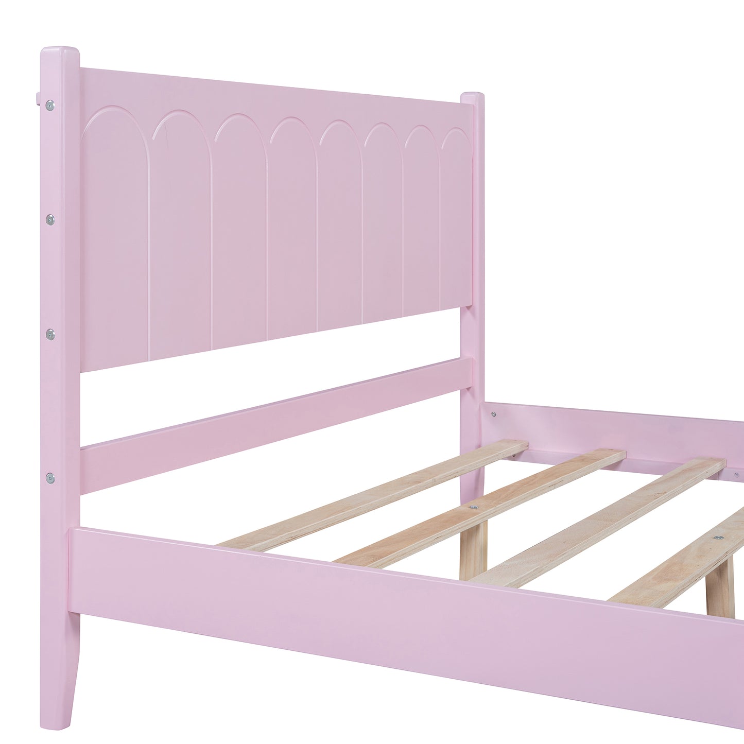 Full Size Wood Platform Bed Frame, Retro Style  Bed with Rectangular Headboard,No Need Box Spring,Pink