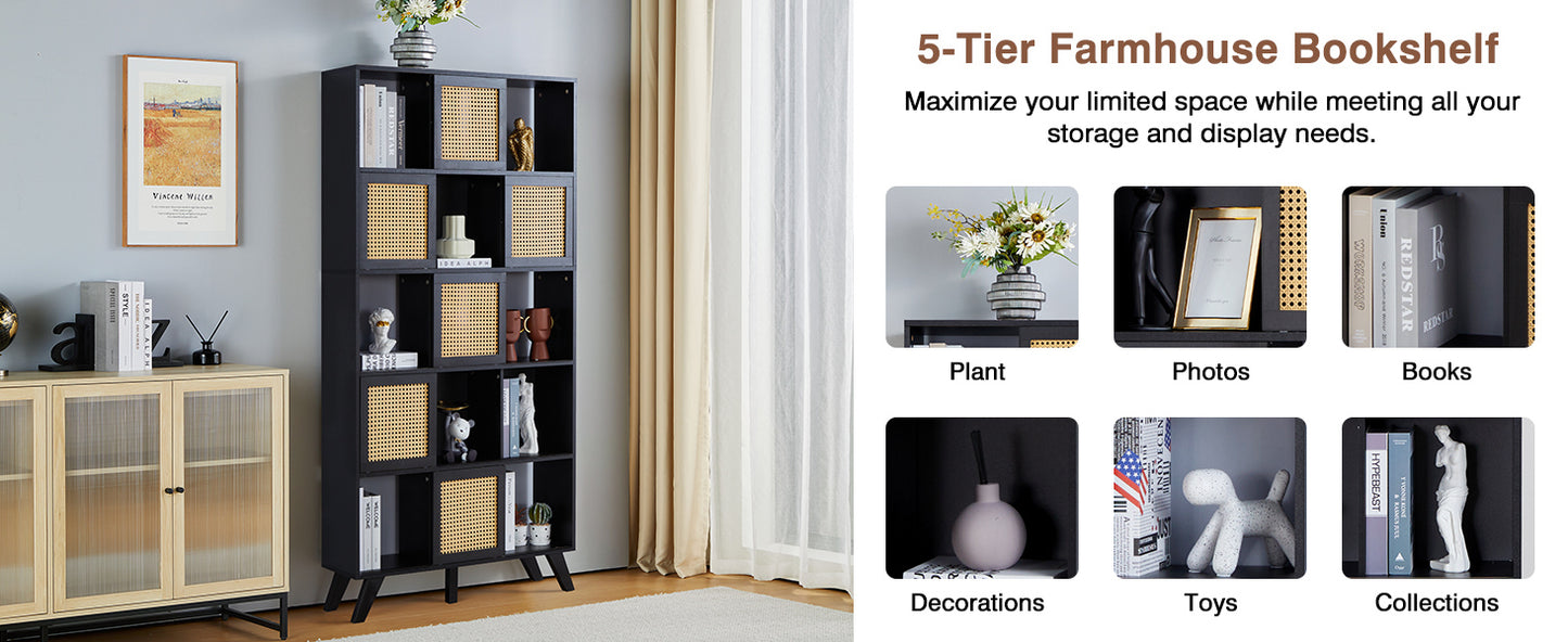 5 Tier Bookcase with Rattan Doors, 71" Shelf Rattan Boho Wood Shelves Large Bookshelves Farmhouse Bookcases Book Case for Bedroom, Living Room, Office (Black)