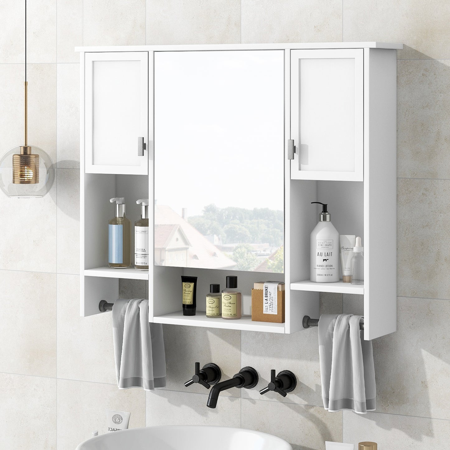 35'' x 28'' Modern Wall Mounted Bathroom Storage Cabinet, Bathroom Wall Cabinet with Mirror, Medicine Cabinet with Towels Bar