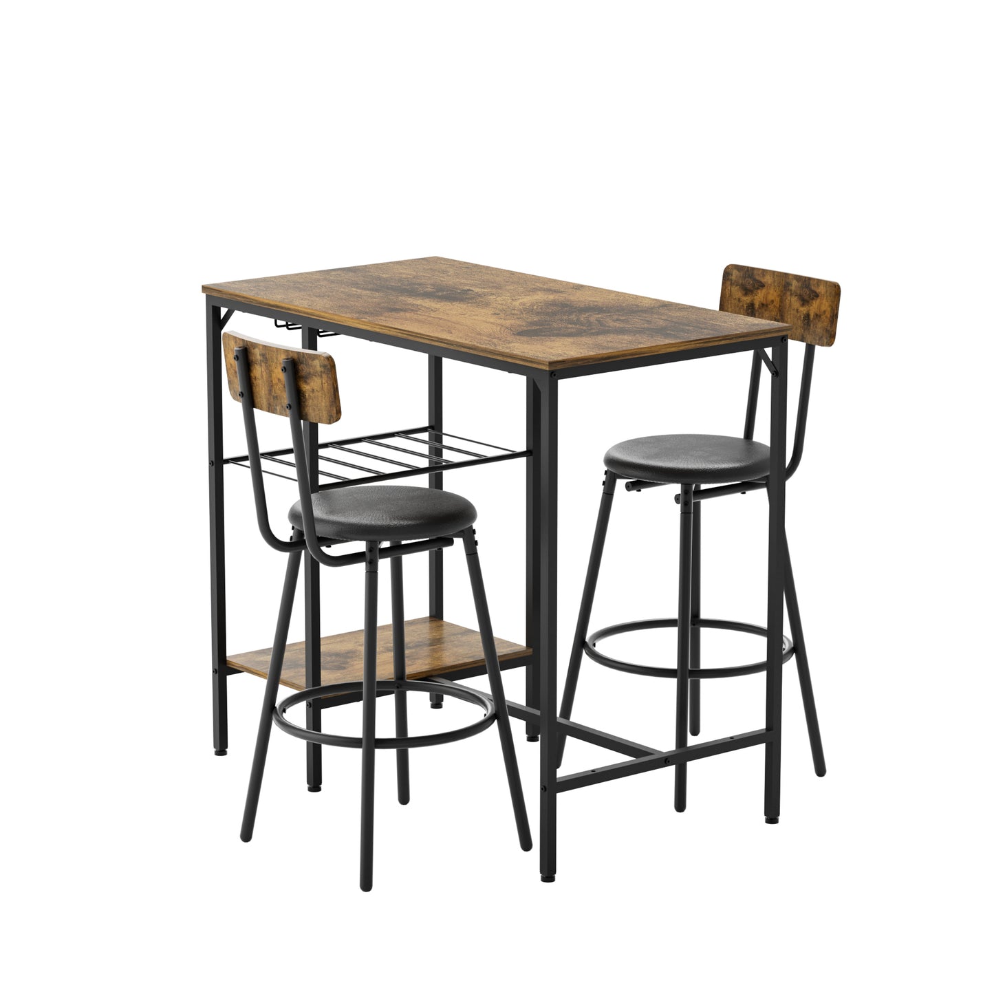 Bar Table and Chairs Set for 2, 3 Pieces Pub Dining Table Set, 2 Bar Stools PU Upholstery Seat with Backrest for Kitchen, Apartment, Small Space