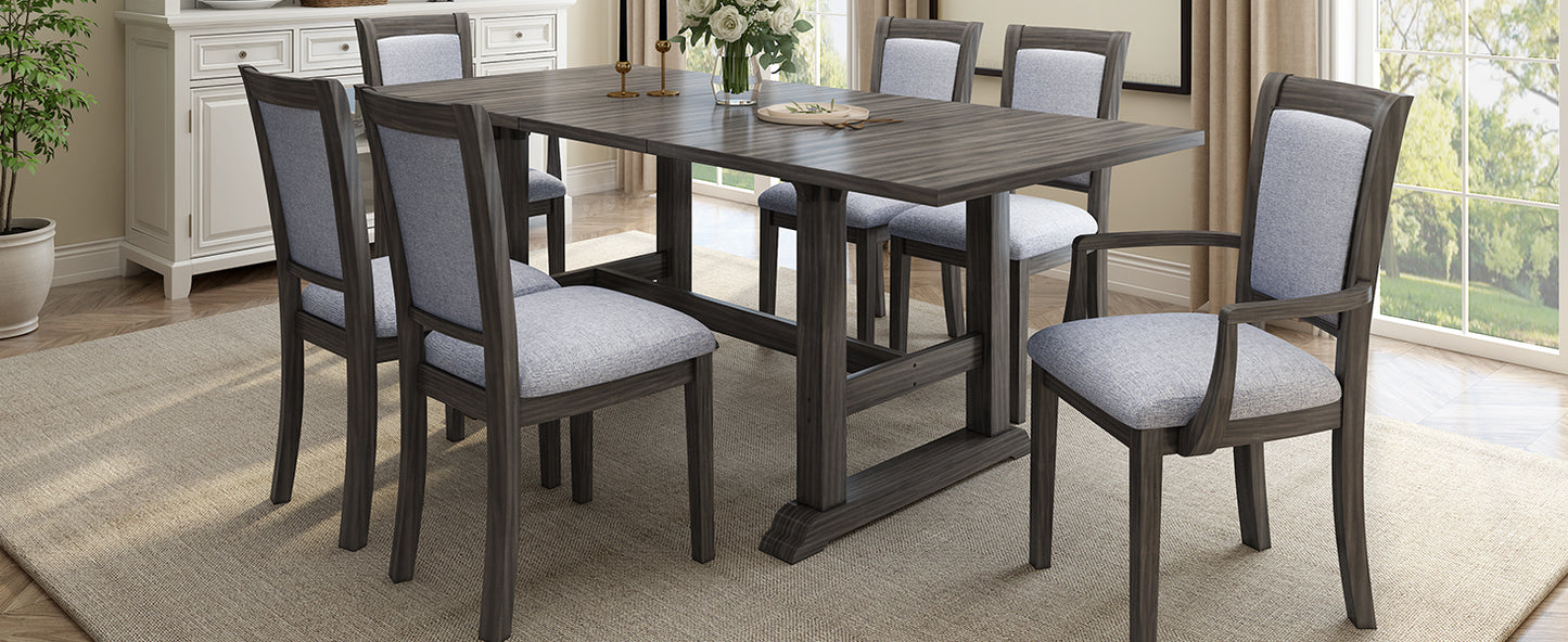 TOPMAX 7-Piece Updated 76.9inch Extendable Trestle Dining Table Set with Removable Leaf, Kitchen Table Set with Upholstered Side Chair and Arm Chair, Set of 6, Grey