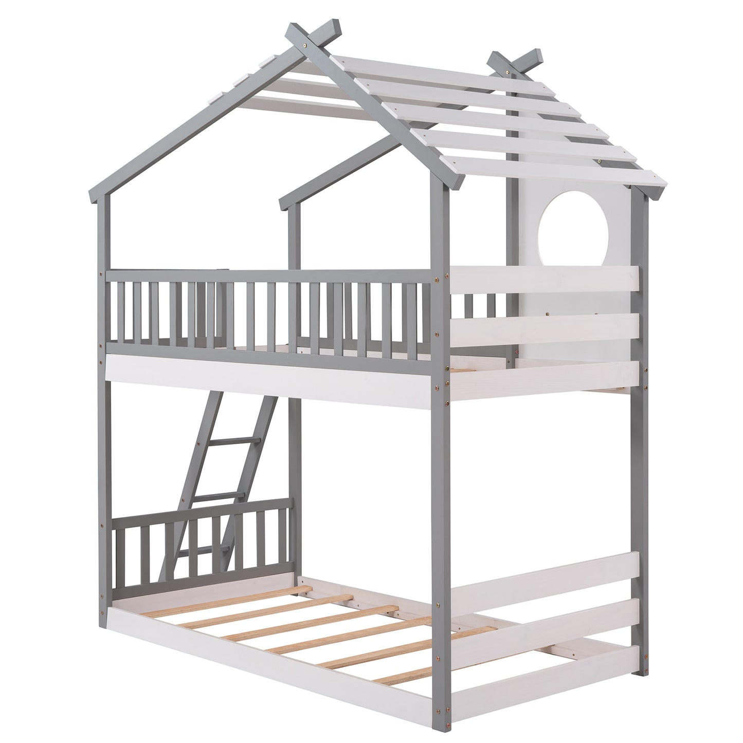 Twin Over Twin Bunk Bed Wood Bed with Roof, Window, Ladder ( Gray)(OLD SKU :LP000008AAE)