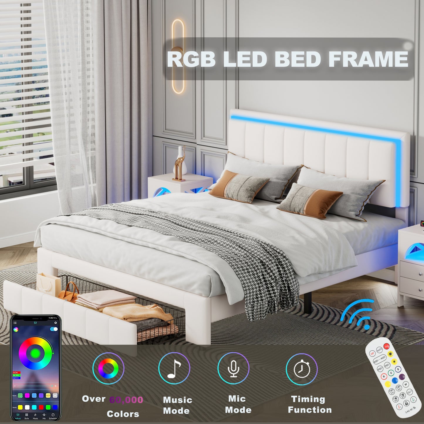 3-Pieces Bedroom Sets,Queen Size Upholstered Bed with LED Lights and Motion Activated Night Lights,Two Nightstands with USB Charging Station and LED lights,White