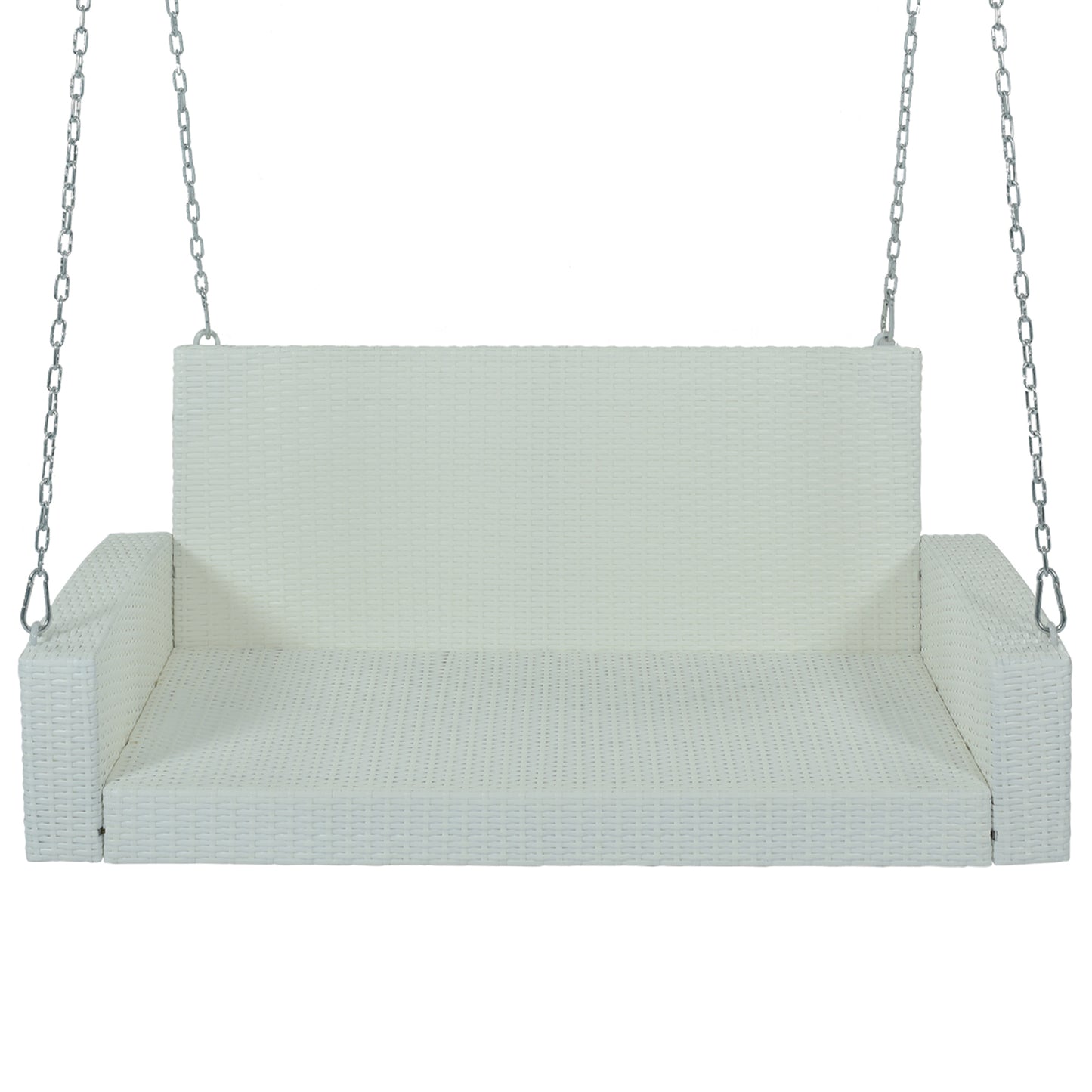 GO 2-Person Wicker Hanging Porch Swing with Chains, Cushion, Pillow, Rattan Swing Bench for Garden, Backyard, Pond. (White Wicker, Gray Cushion)