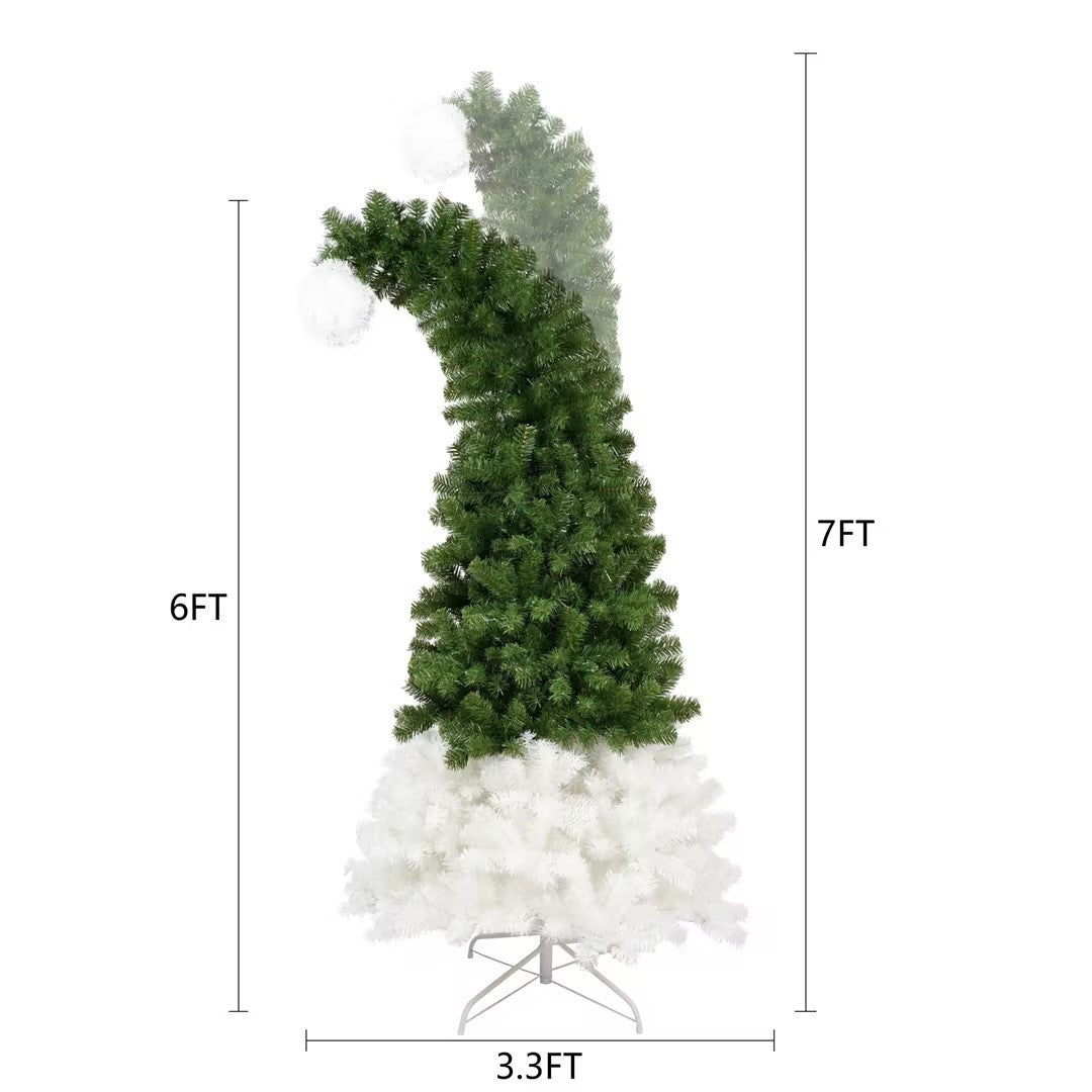 6FT Hinged Fir Artificial Fir Bent Top Christmas Tree, Xmas Tree Bendable Santa Hat Style Christmas Tree Holiday Decoration, 1250 Lush Branch Tips, 300 LED Lights X-mas