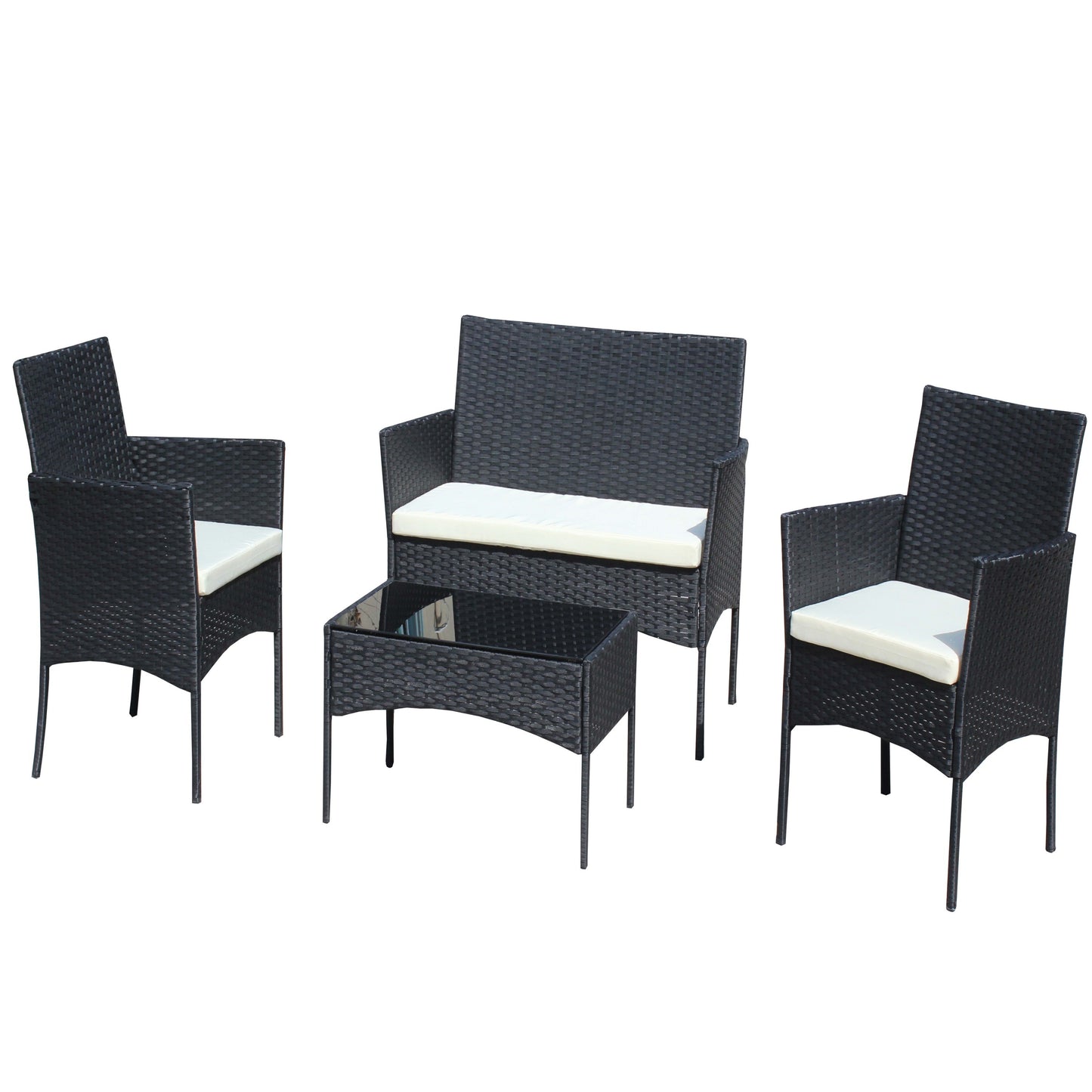 4 PC Rattan Patio Furniture Set Outdoor Patio Cushioned Seat Wicker Sofa (Beige Cushion)