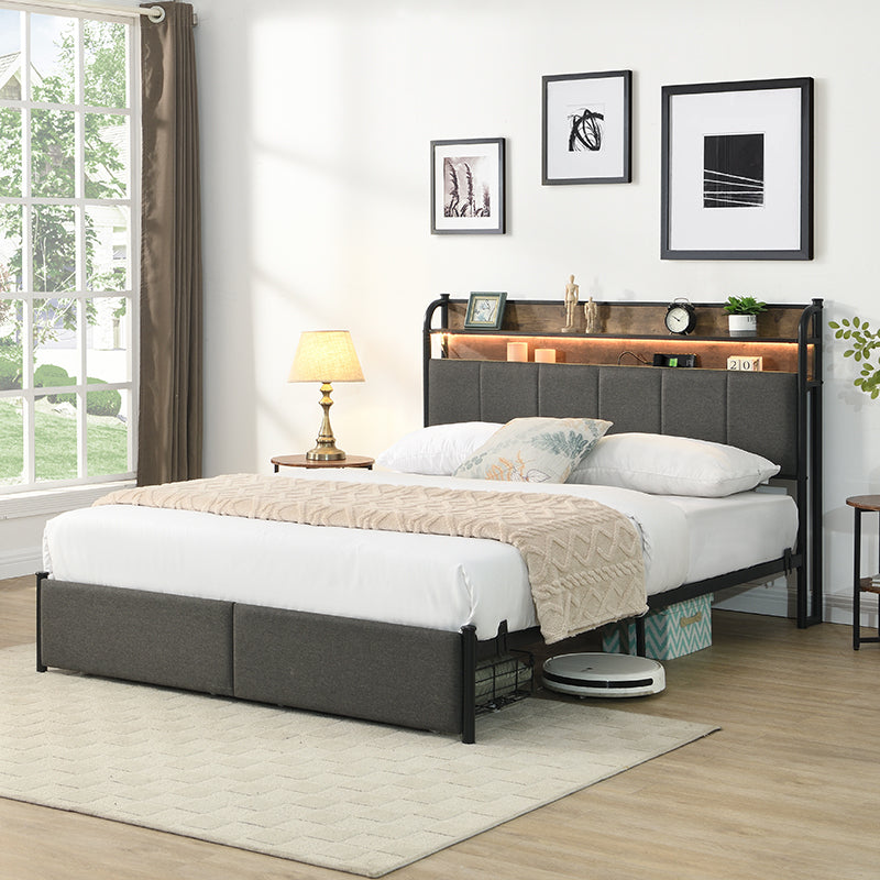 Queen Bed Frame, Storage Headboard with Charging Station, Solid and Stable, Noise Free, No Box Spring Needed, Easy Assembly