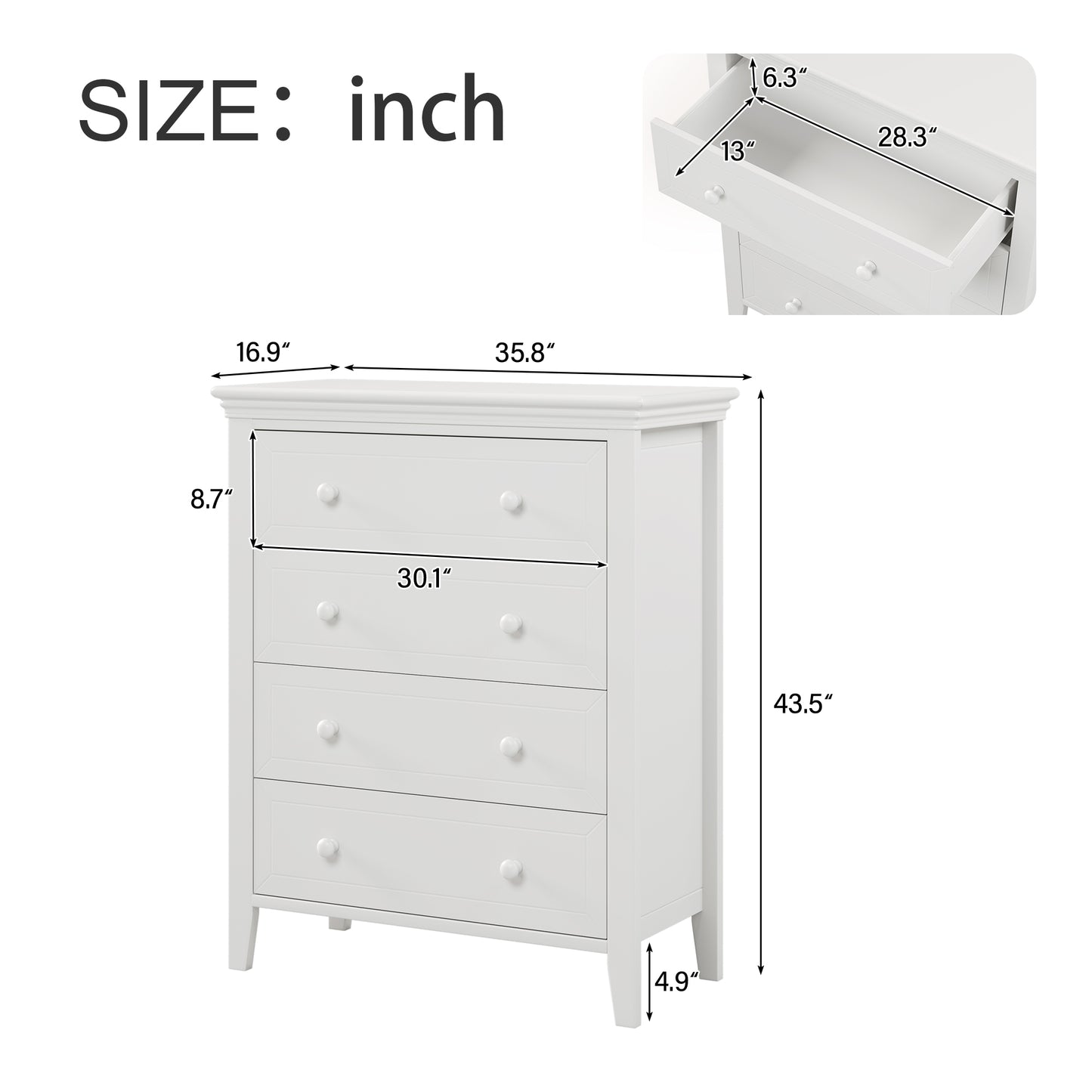 3 Pieces Traditional Concise Style White Bedroom Sets, Nightstand+Chest+Full Bed