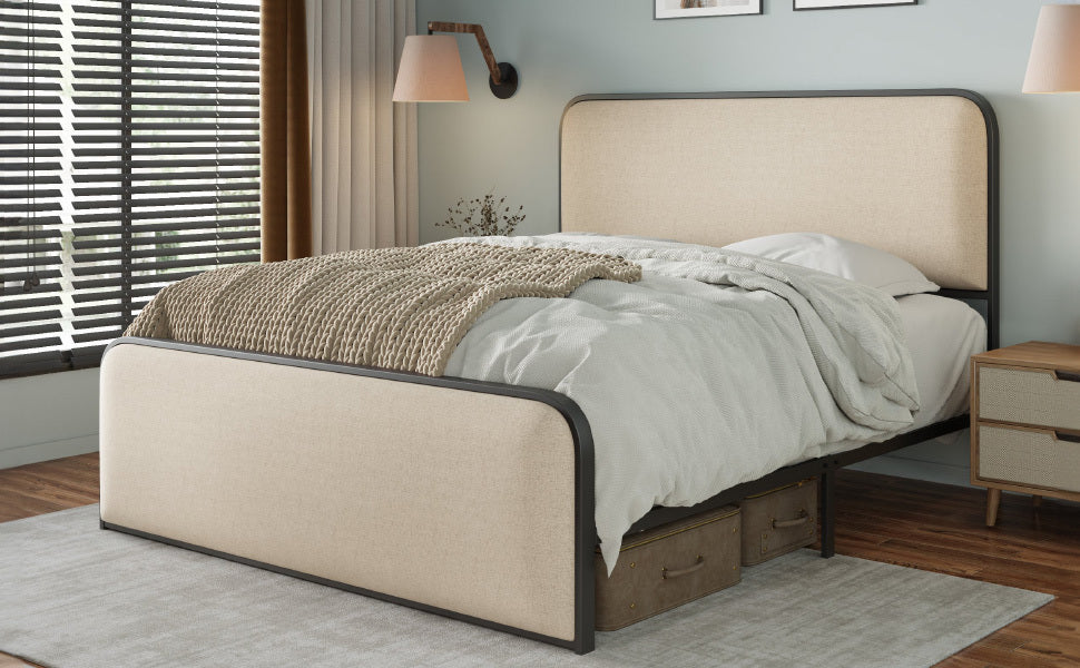 Modern Metal Bed Frame with Curved Upholstered Headboard and Footboard Bed with Under Bed Storage, Heavy Duty Metal Slats, King Size, Beige