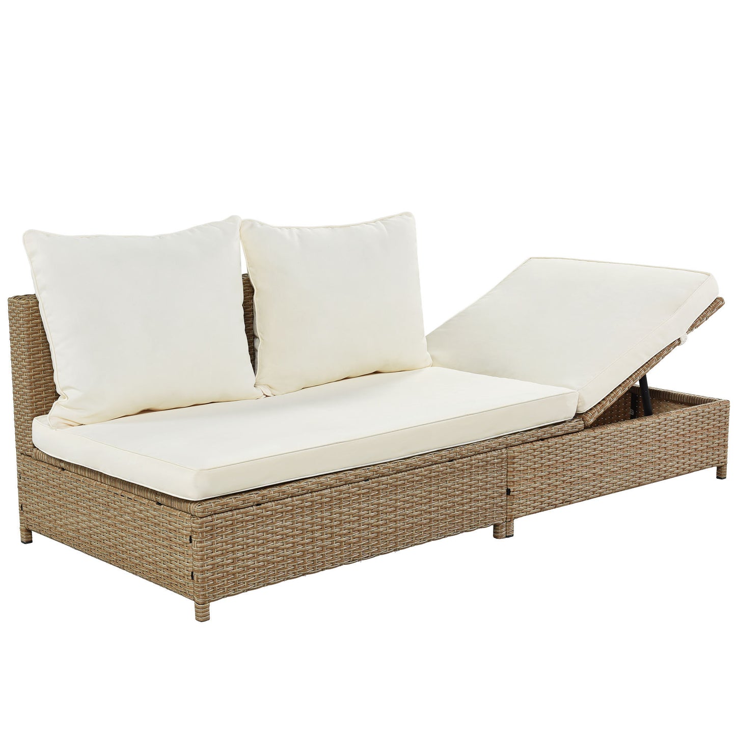 TOPMAX Patio 3-Piece Rattan Sofa Set All Weather PE Wicker Sectional Set with Adjustable Chaise Lounge Frame and Tempered Glass Table, Natural Brown