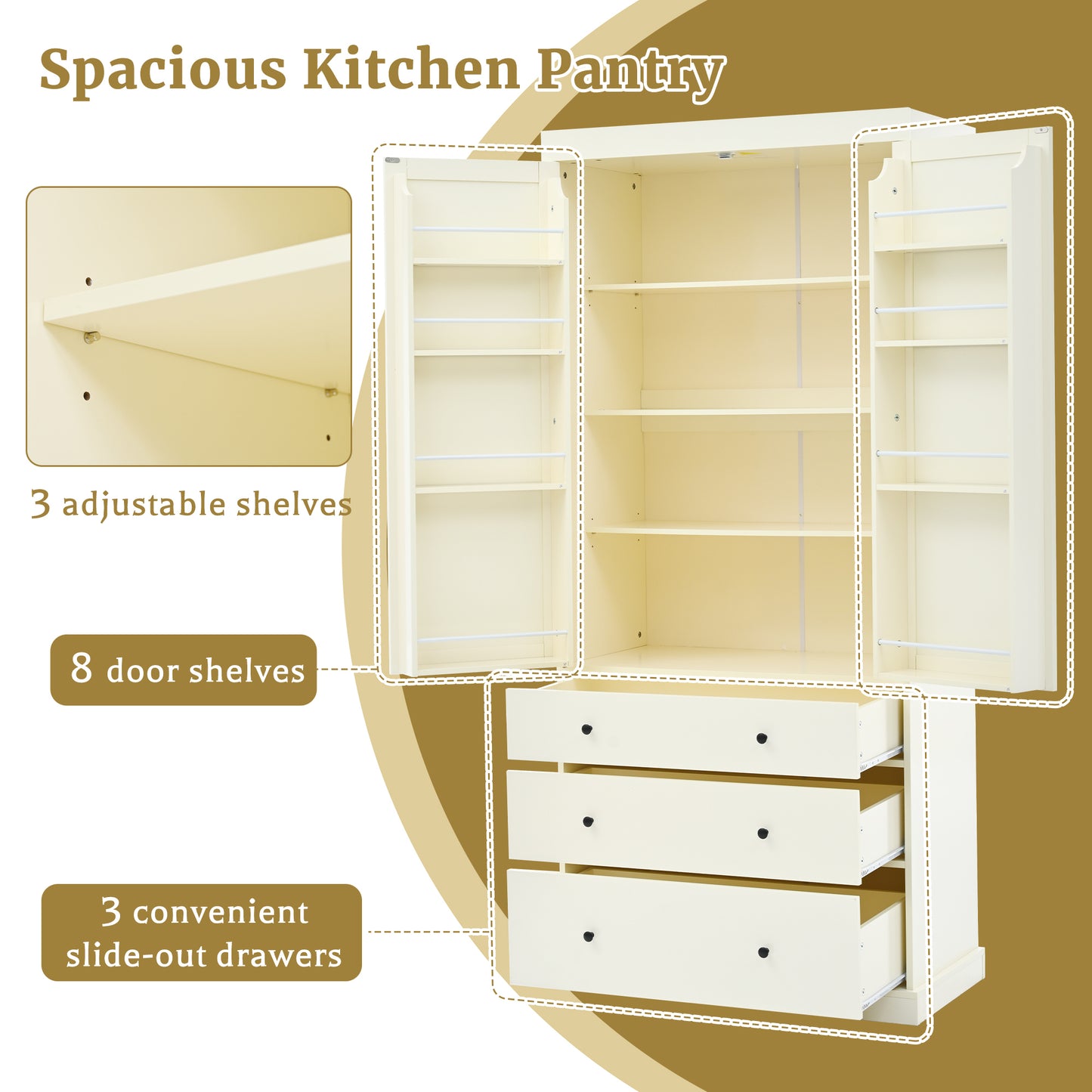 [Assembly Video Provided]TOPMAX 77inch Farmhouse Kitchen Pantry, Freestanding Tall Cupboard Storage Cabinet with 3 Adjustable Shelves, 8 Door Shelves, 3 Drawers for Kitchen, Dining Room, Cream
