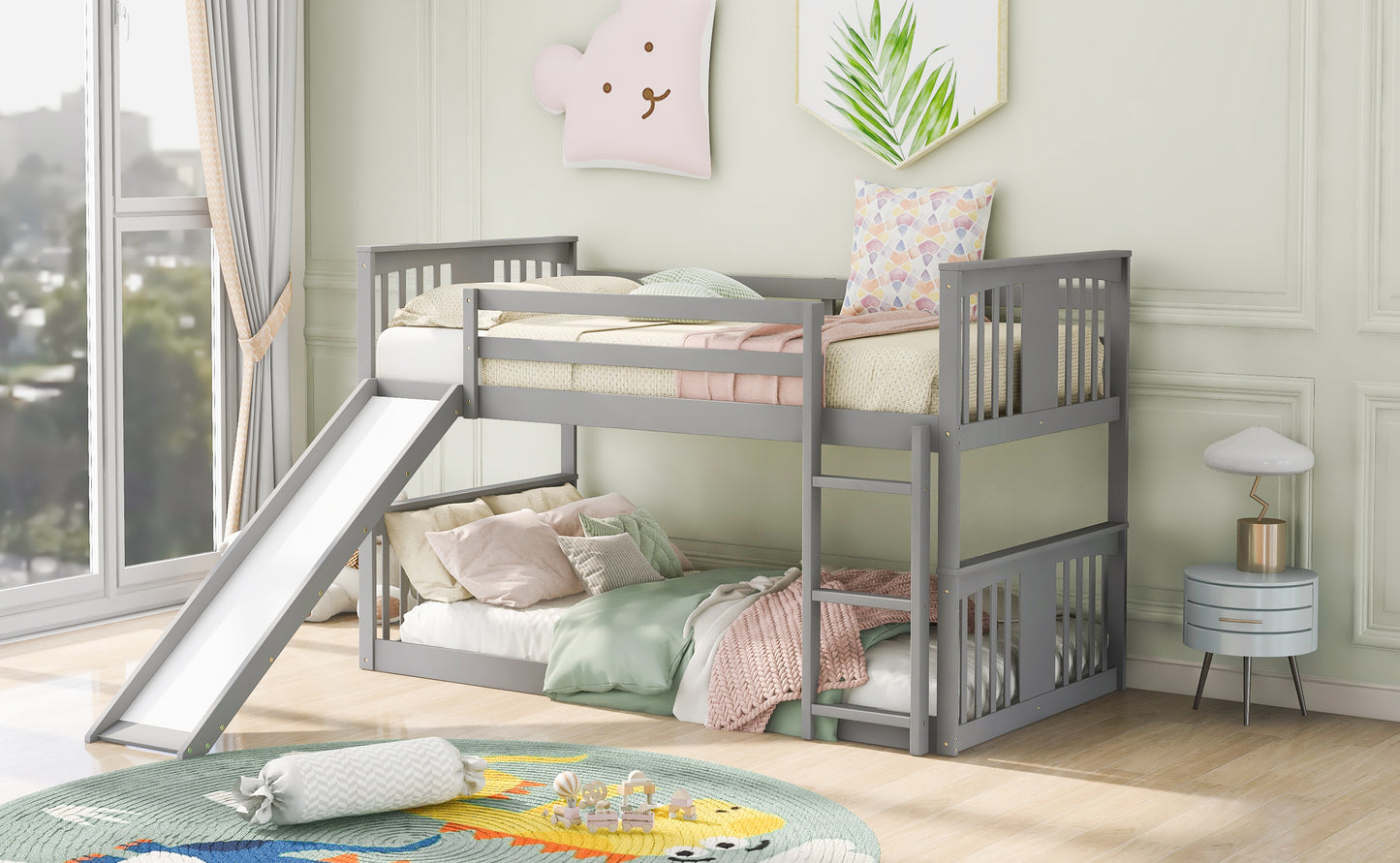 Twin Over Twin Bunk Bed with Slide and Ladder, Gray (Old SKU：LP000108AAE)