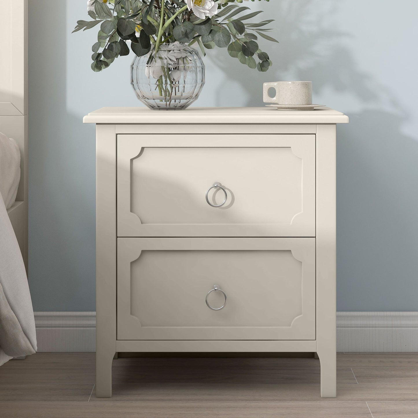 Milky White Rubber Wooden Nightstand Two Drawers Silver Metal Handles for Living Room Guest Room Bedroom