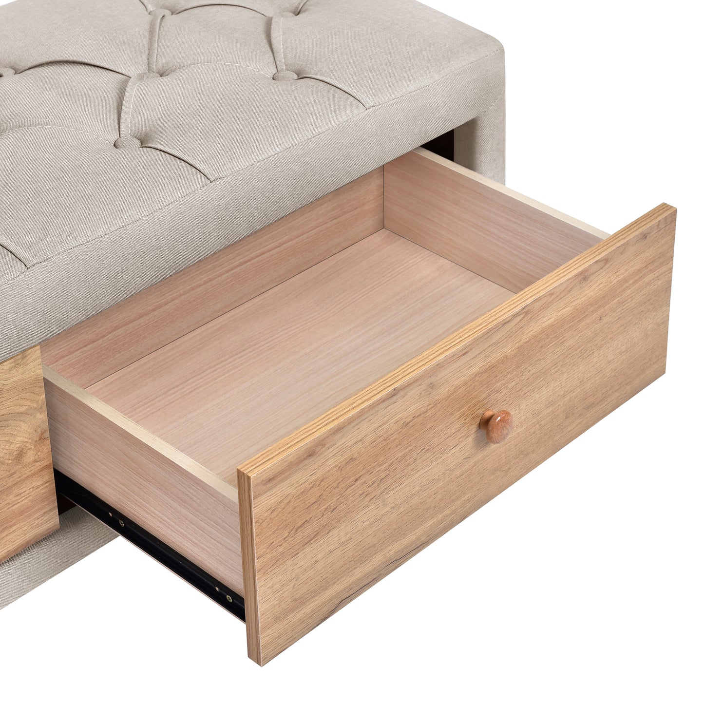 Upholstered Wooden Storage Ottoman Bench with 2 Drawers For Bedroom,Fully Assembled Except Legs and Handles,Padded Seat with Rubber Wood Leg-Beige