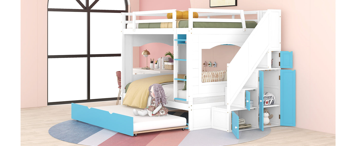Full Over Full Bunk Bed with Trundle ,Stairs,Ladders Solid Wood Bunk bed with Storage Cabinet (White + Blue)