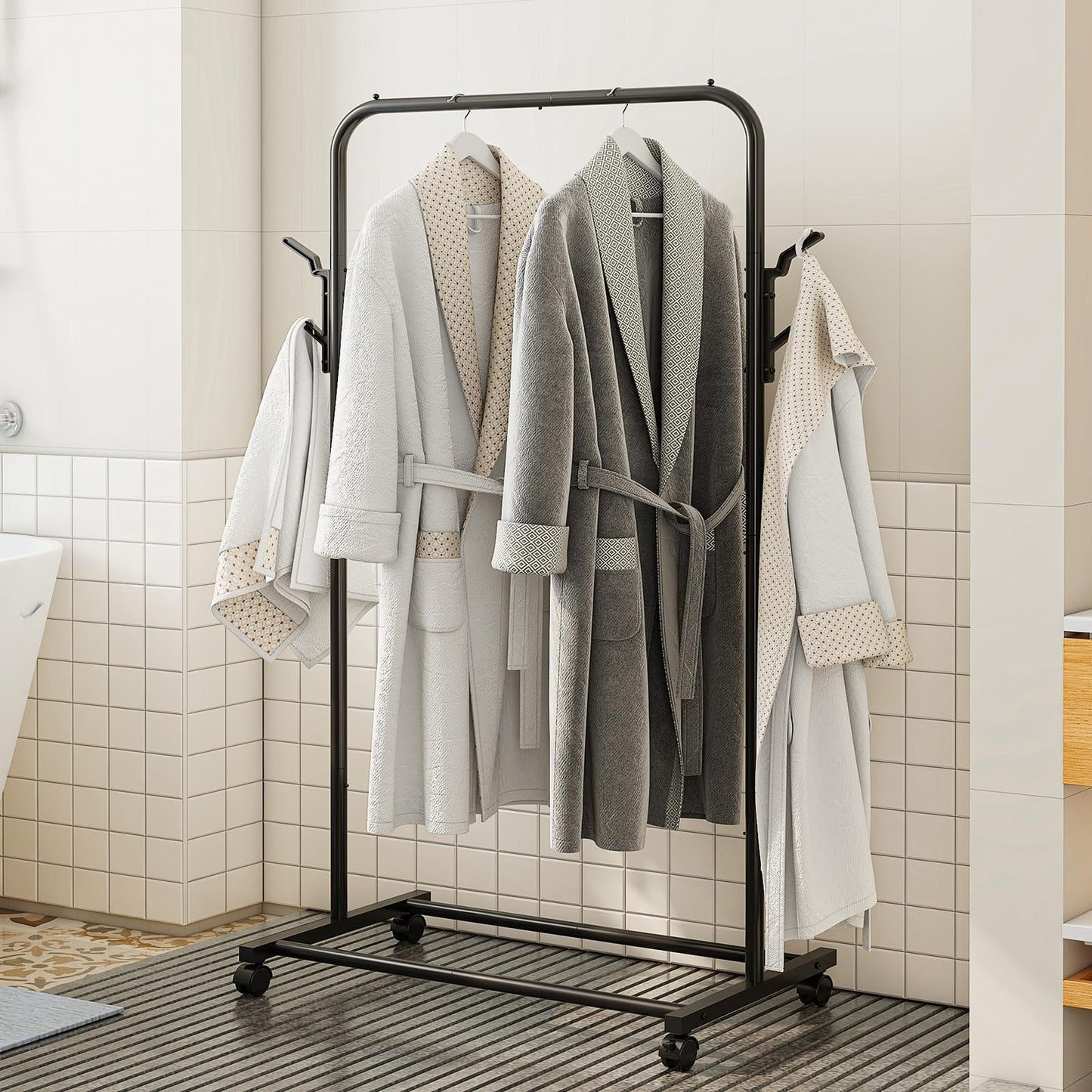 Coat Rack, Freestanding Metal Clothes Rack with Wheels, Standard Organizer for Hanging Clothes, Coats, Skirts, Shirts, Black Freestanding Metal Clothes Rack with Wheels
