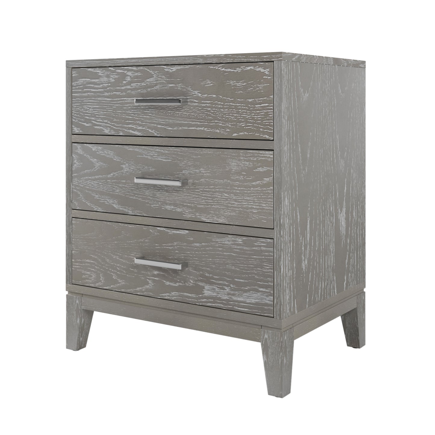 Modern Concise Style Gray Wood Grain Three-Drawer Nightstand with Tapered Legs and Smooth Gliding Drawers