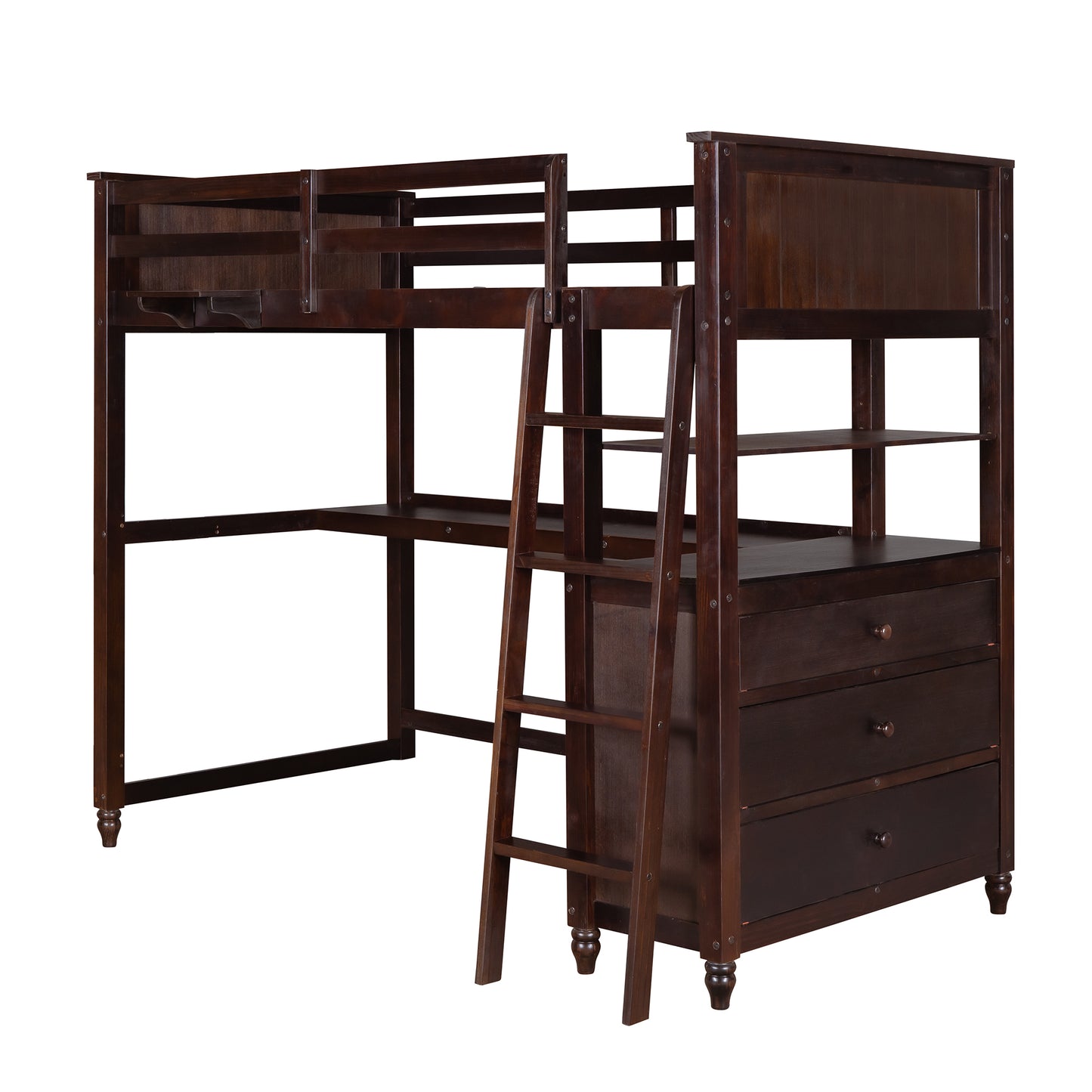 Twin size Loft Bed with Drawers and Desk, Wooden Loft Bed with Shelves - Espresso(OLD SKU: LP000530AAP)