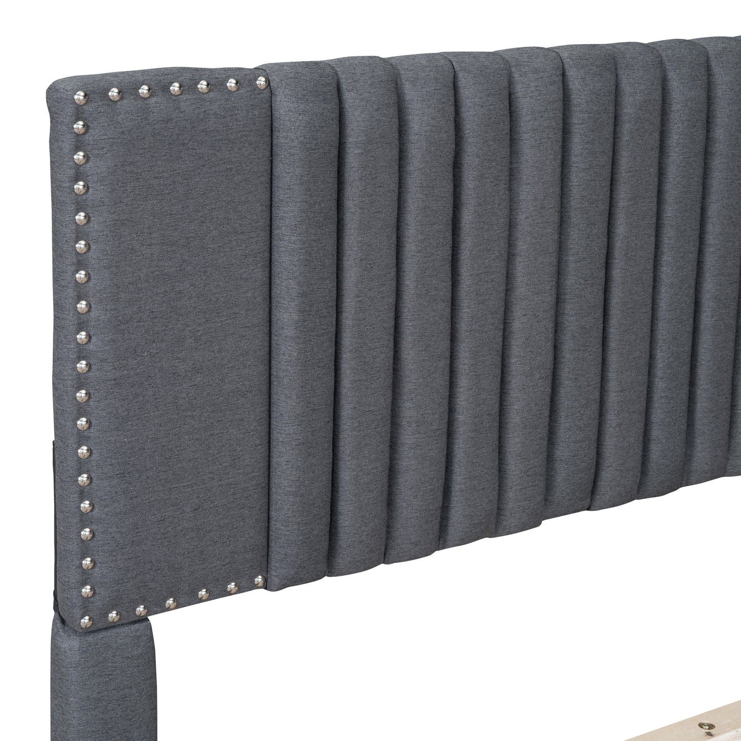 Queen Size Upholstered Platform Bed with Classic Headboard and 4 Drawers, Linen Fabric, Gray