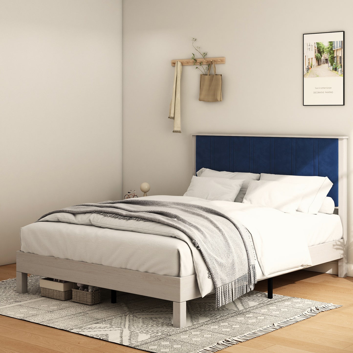 King Bed Frame, Wood with Wood Headboard Bed Frame with upholstered headboard /  Wood Foundation with Wood Slat Support / No Box Spring Needed / Easy Assembly