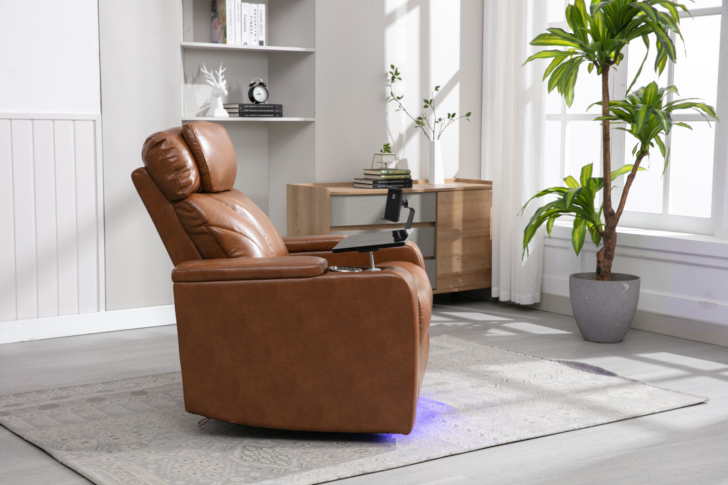 Power Motion Recliner with USB Charging Port and Hidden Arm Storage, Home Theater Seating with Convenient Cup Holder Design ,and stereo(Light  Brown)