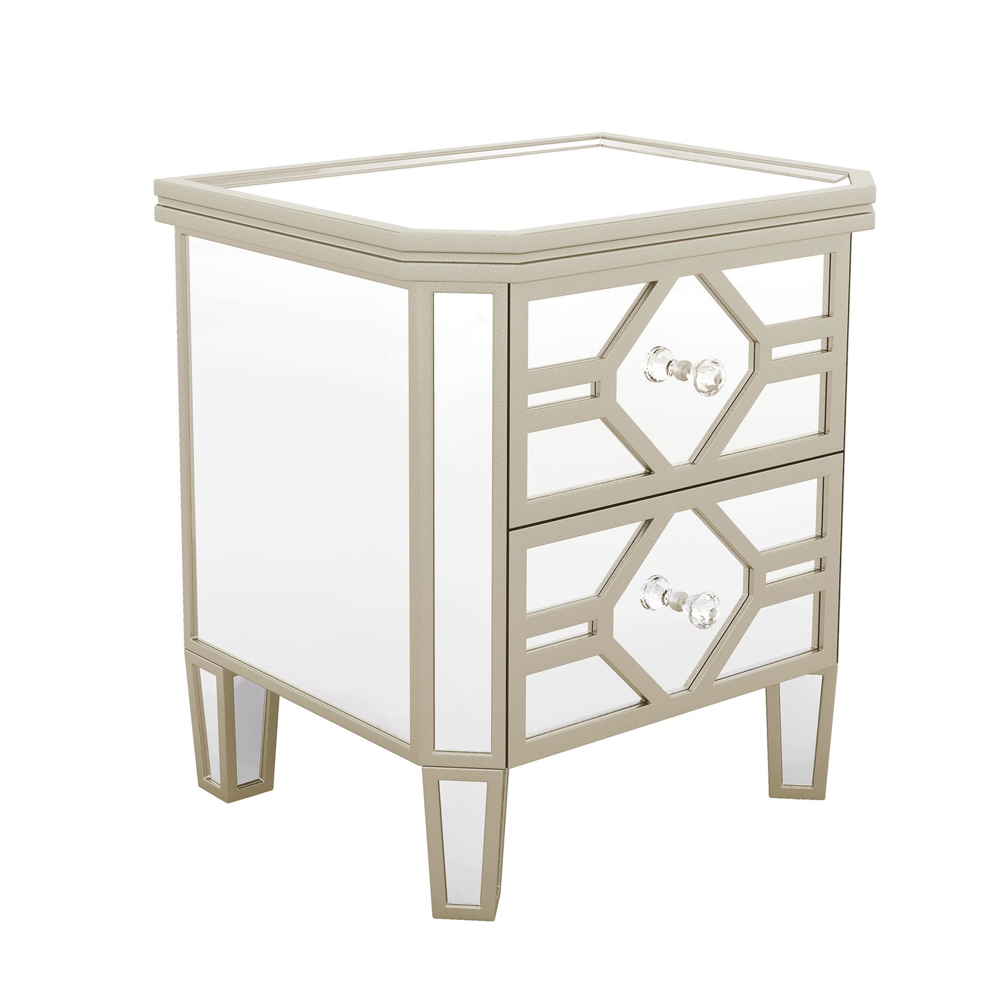 Elegant Mirrored 2-Drawer Side Table with Golden Lines for Living Room, Hallway, Entryway
