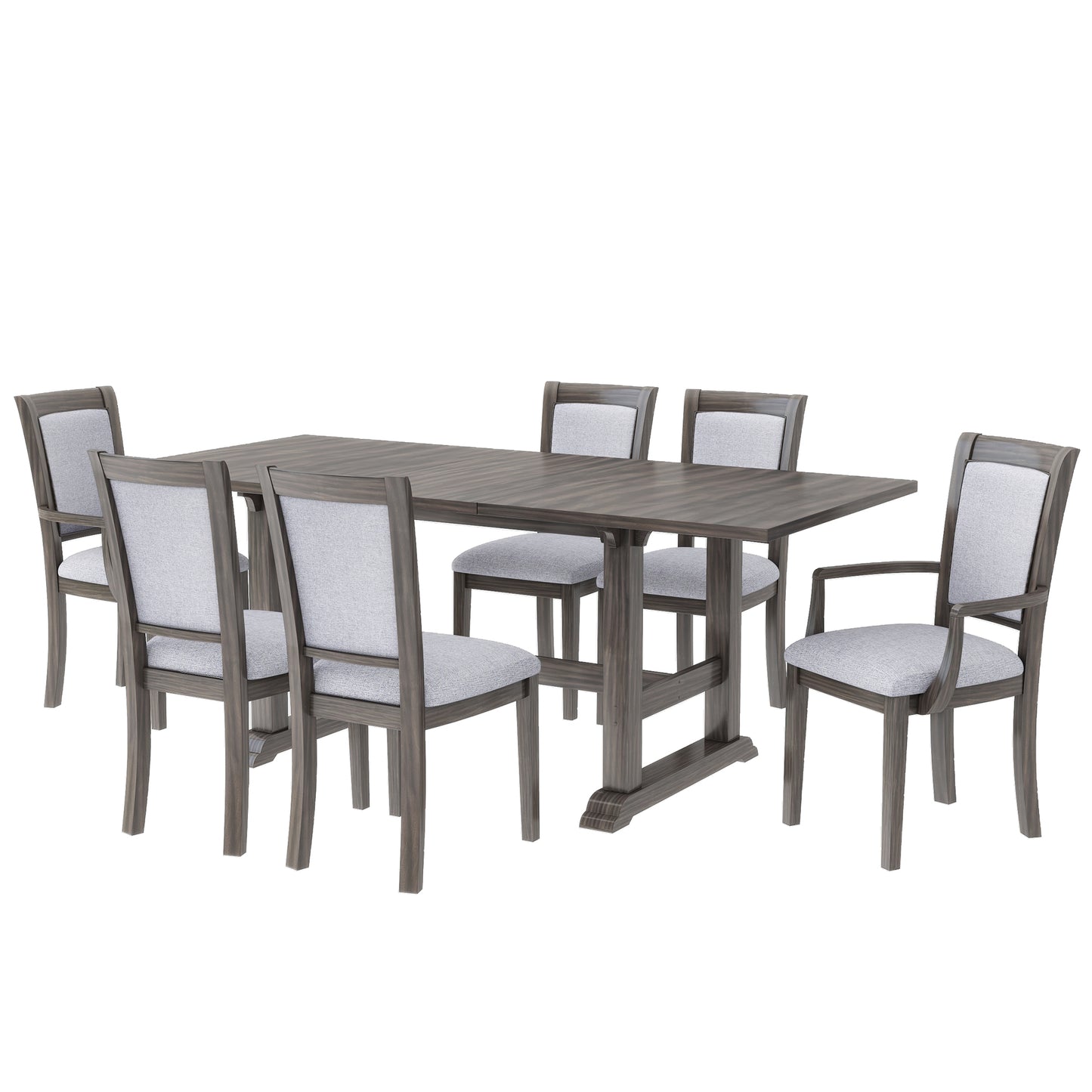 TOPMAX 7-Piece Updated 76.9inch Extendable Trestle Dining Table Set with Removable Leaf, Kitchen Table Set with Upholstered Side Chair and Arm Chair, Set of 6, Grey