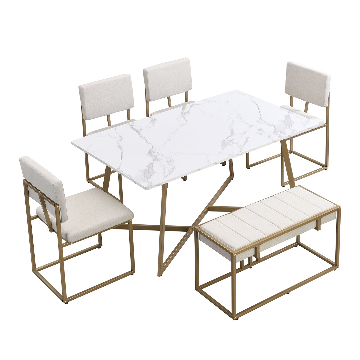 TOPMAX Modern Faux Marble 6-Piece Dining Table Set,60inch Metal Kitchen Table Set with Upholstered Dining Chairs and Bench, Golden