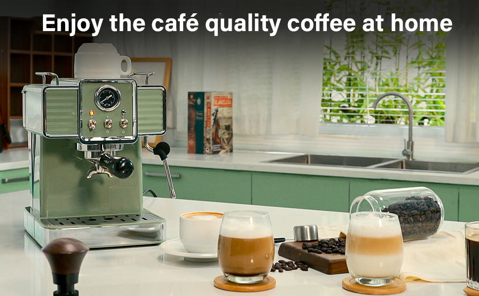 15 Bar Espresso Coffee Machine with Milk Frother Steam Wand, 1350W Professional Coffee Maker, 54 Oz Removable Water Tank Espresso Maker Cappuccino, Latte, Machiato, Green, For Home Barista