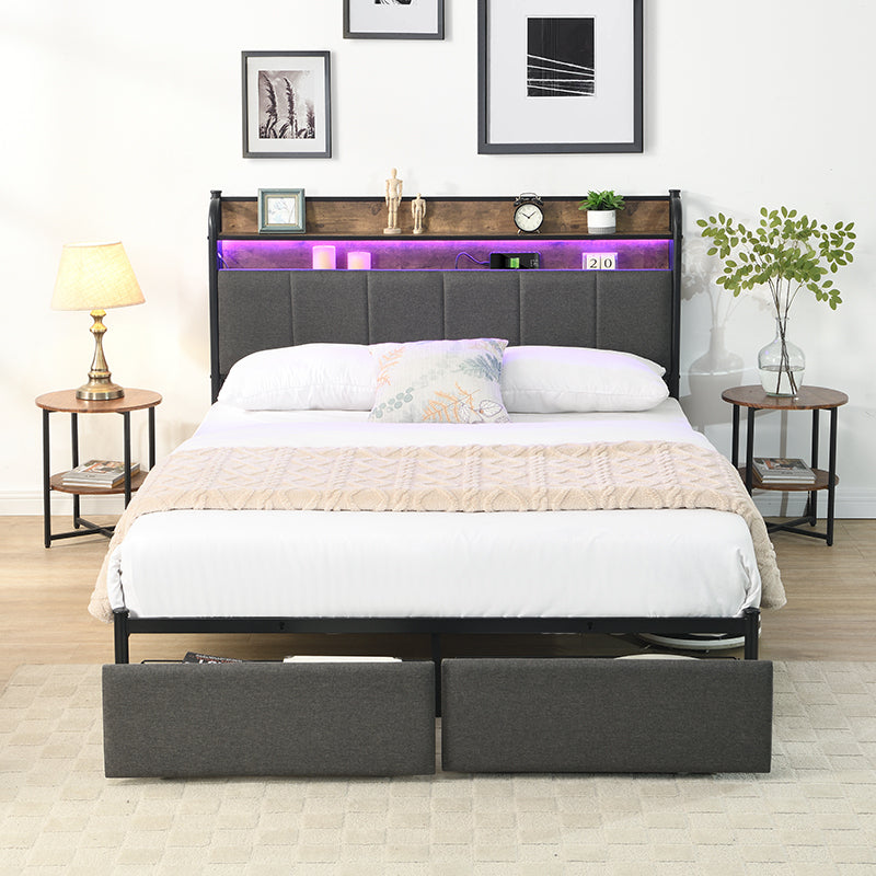 Queen Bed Frame, Storage Headboard with Charging Station, Solid and Stable, Noise Free, No Box Spring Needed, Easy Assembly
