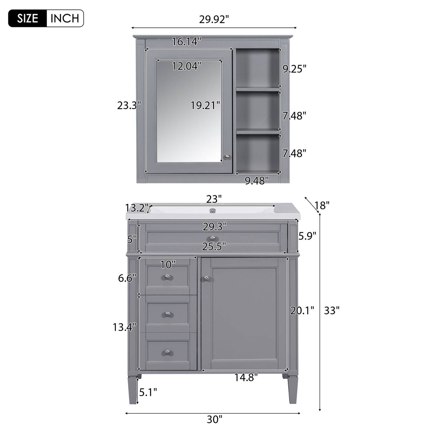30'' Bathroom Vanity with Top Sink, Modern Bathroom Storage Cabinet with 2 Drawers and a Tip-out Drawer,  Freestanding Vanity Set with Mirror Cabinet, Single Sink Bathroom Vanity