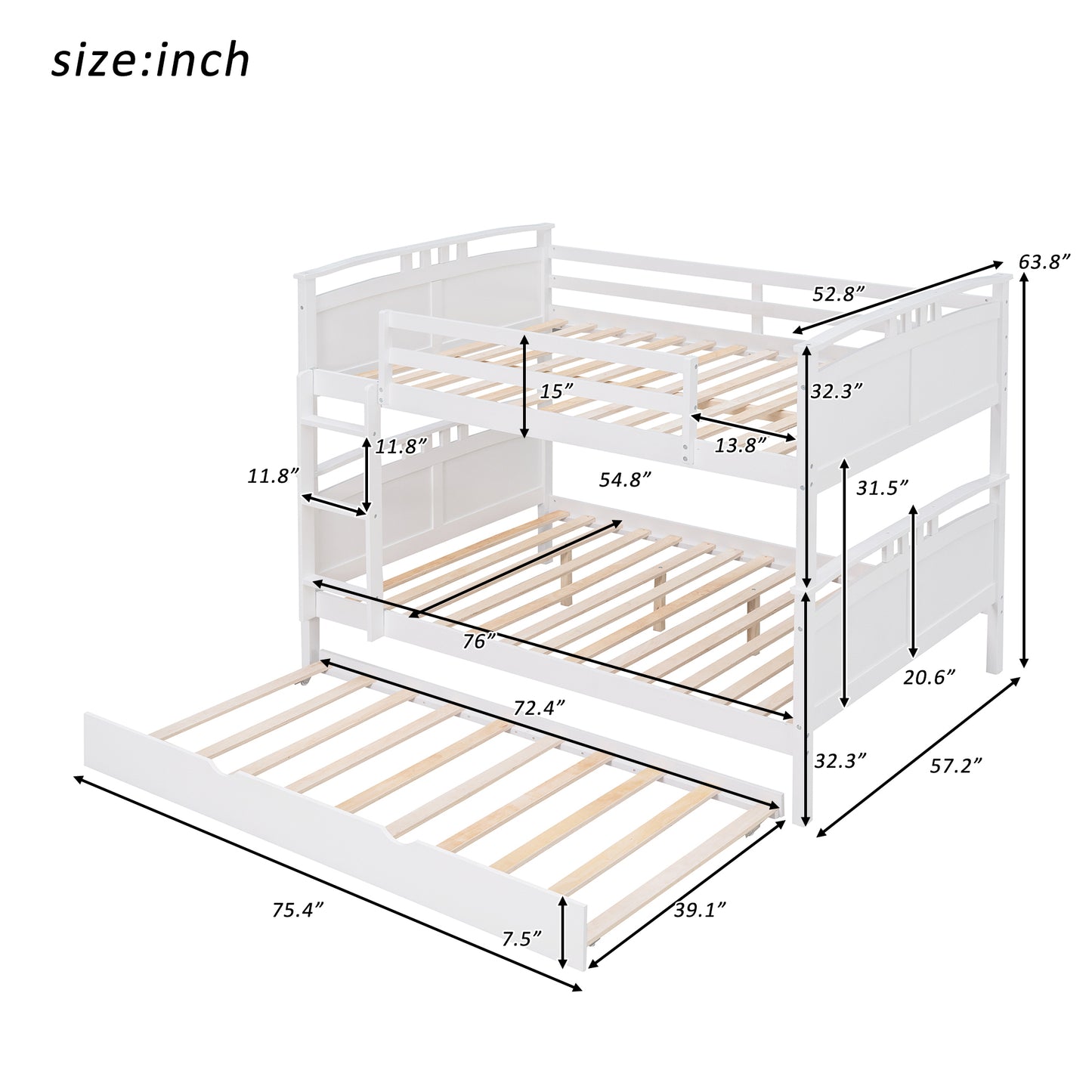 Full-Over-Full Bunk Bed with Twin size Trundle , Separable Bunk Bed for Bedroom - White