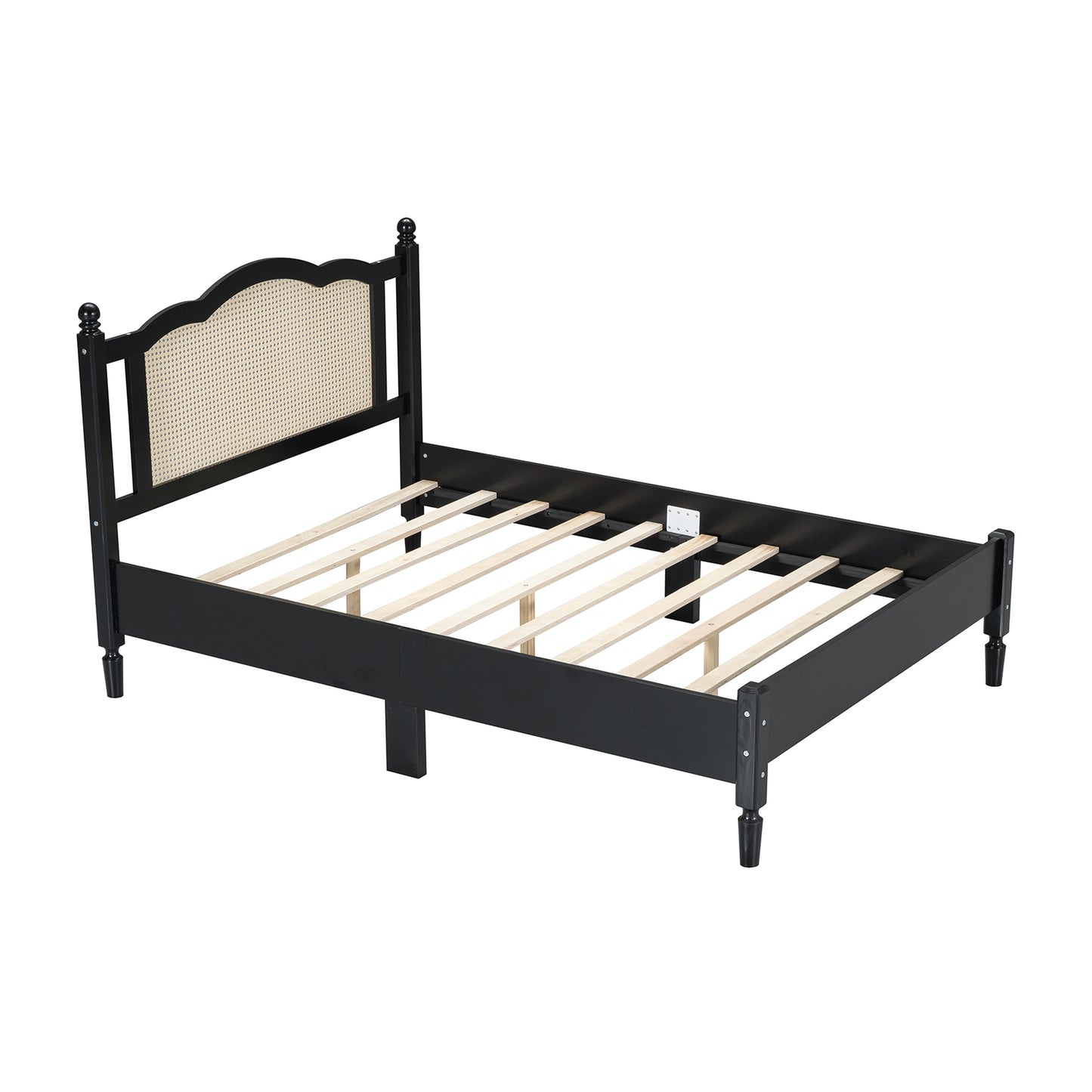 Full Size Wooden Platform Bed with Natural Rattan Headboard, Vintage Bed Frame with Wooden Slat Support, Black (Expected Arrival Time: 08.23)