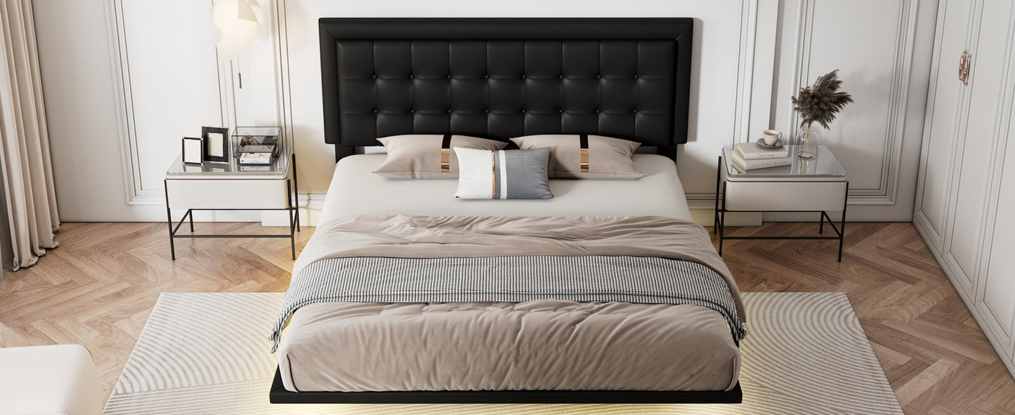 Queen Size Floating Bed Frame with Motion Activated Night Lights,Modern PU Upholstered Button Tufted Platform Bed Frame,Black