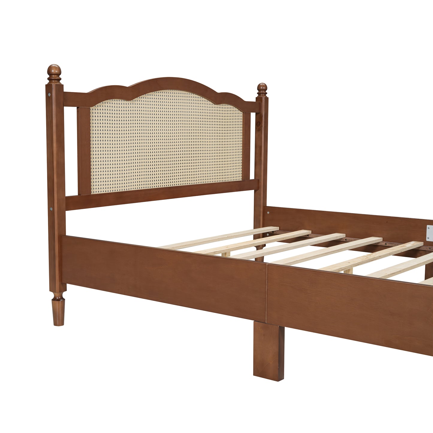 Queen Size Wooden Platform Bed with Natural Rattan Headboard, Vintage Bed Frame with Wooden Slat Support, Walnut (Expected Arrival Time: 08.23)