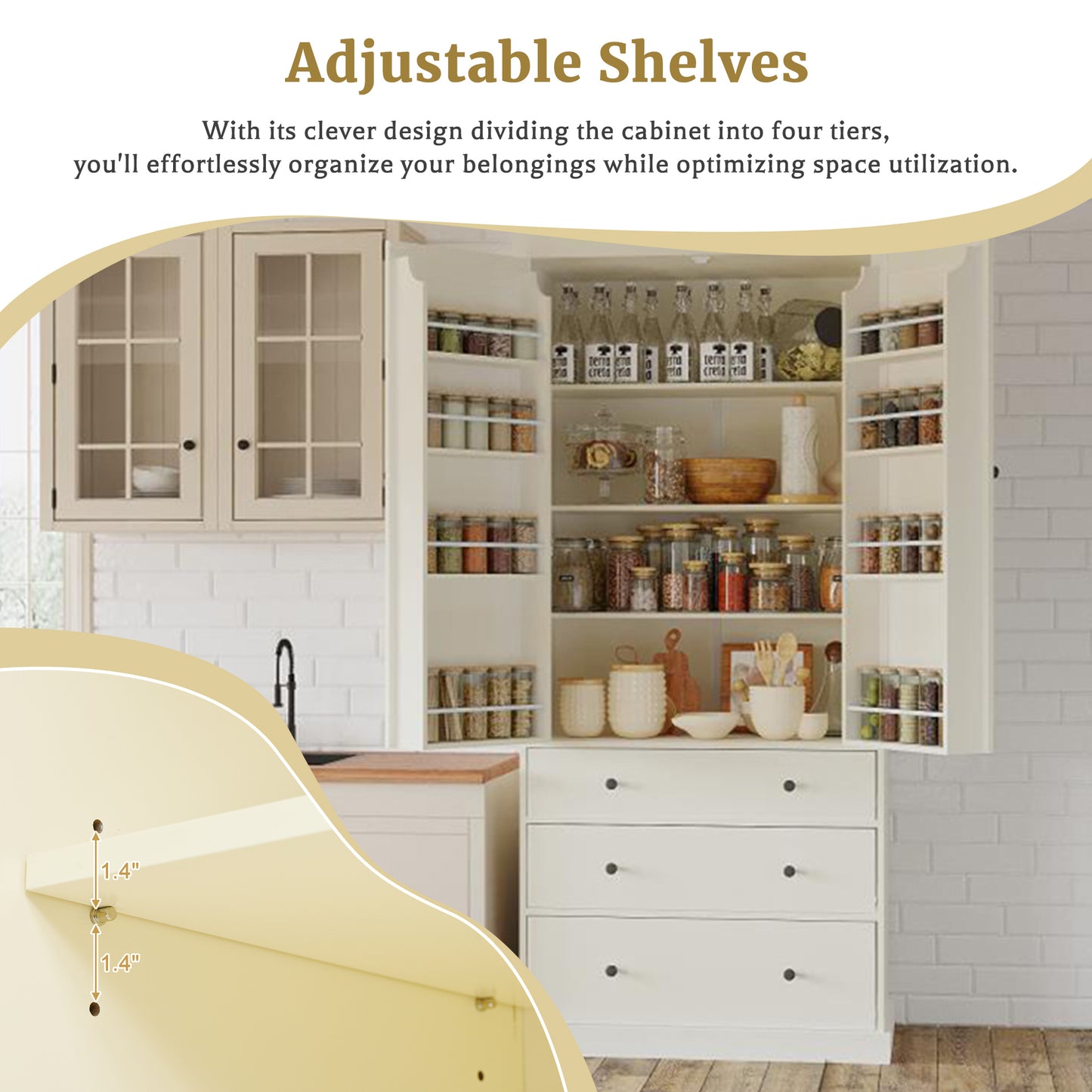 [Assembly Video Provided]TOPMAX 77inch Farmhouse Kitchen Pantry, Freestanding Tall Cupboard Storage Cabinet with 3 Adjustable Shelves, 8 Door Shelves, 3 Drawers for Kitchen, Dining Room, Cream