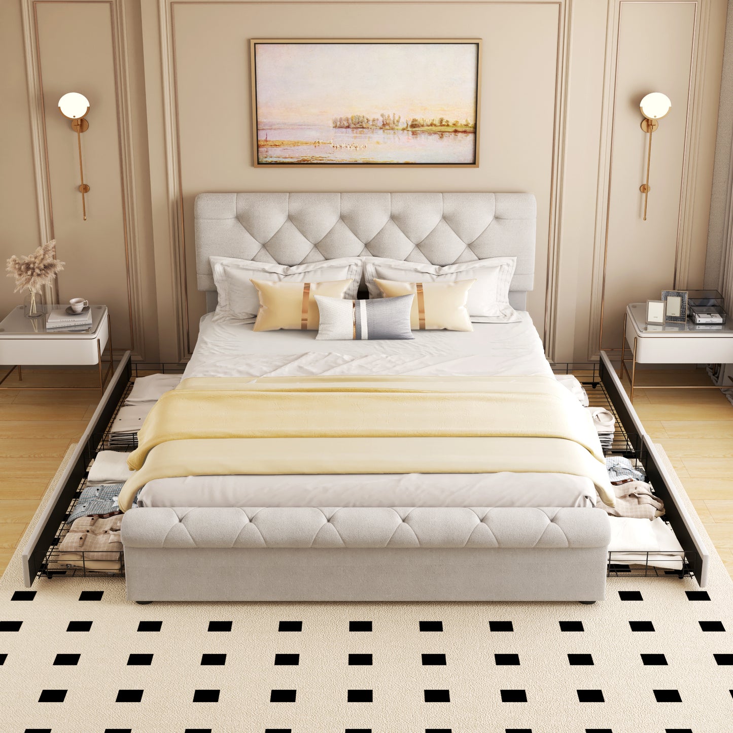 Queen size Upholstered Platform bed with Four Drawers, Antique Curved Headboard, Linen Fabric, Beige (without mattress)