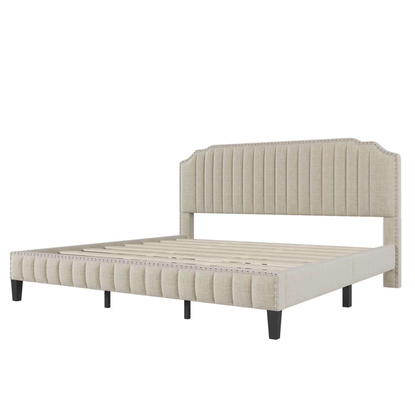 Modern Linen Curved Upholstered Platform Bed , Solid Wood Frame , Nailhead Trim, Beige (King)