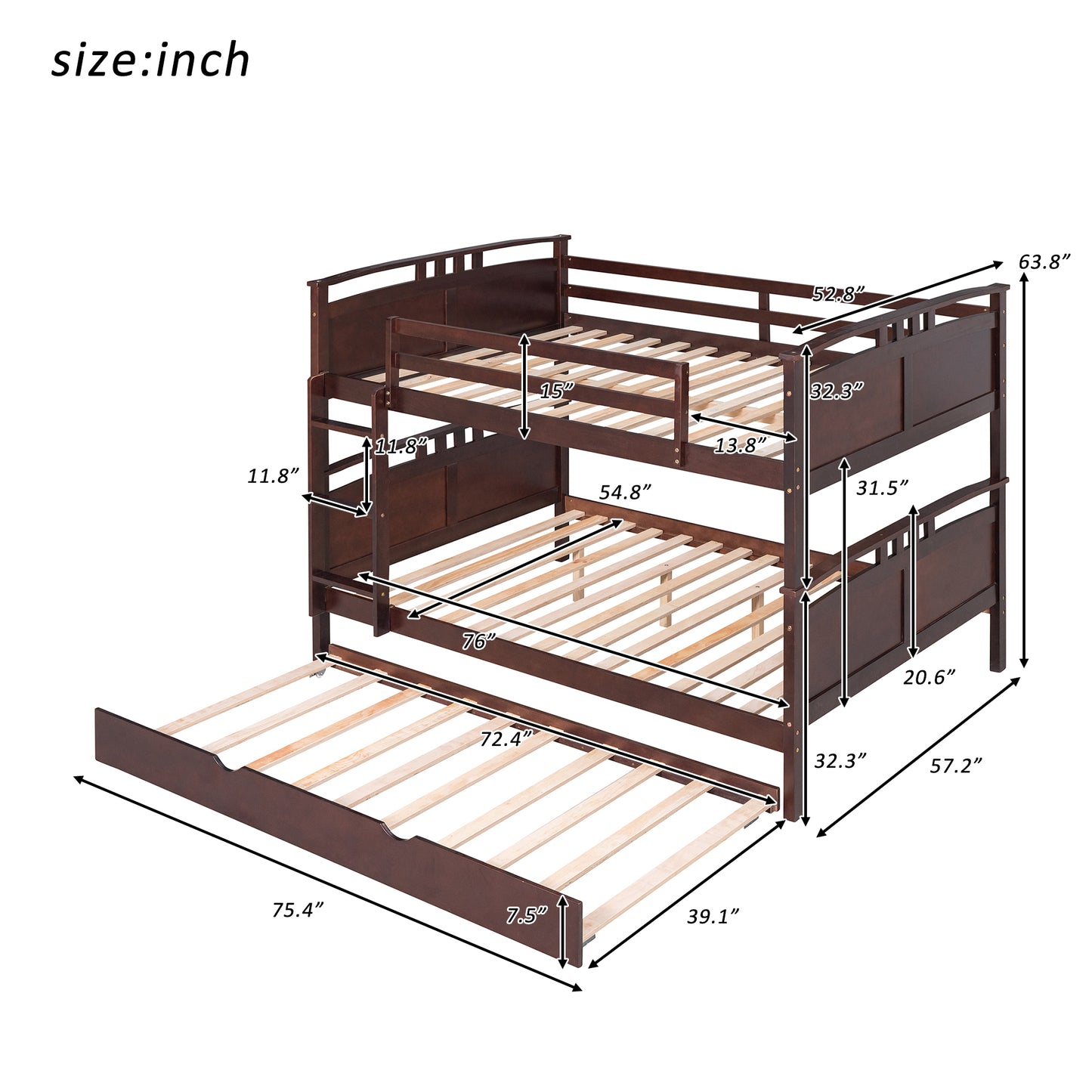 Full-Over-Full Bunk Bed with Twin size Trundle , Separable Bunk Bed for Bedroom - Espresso