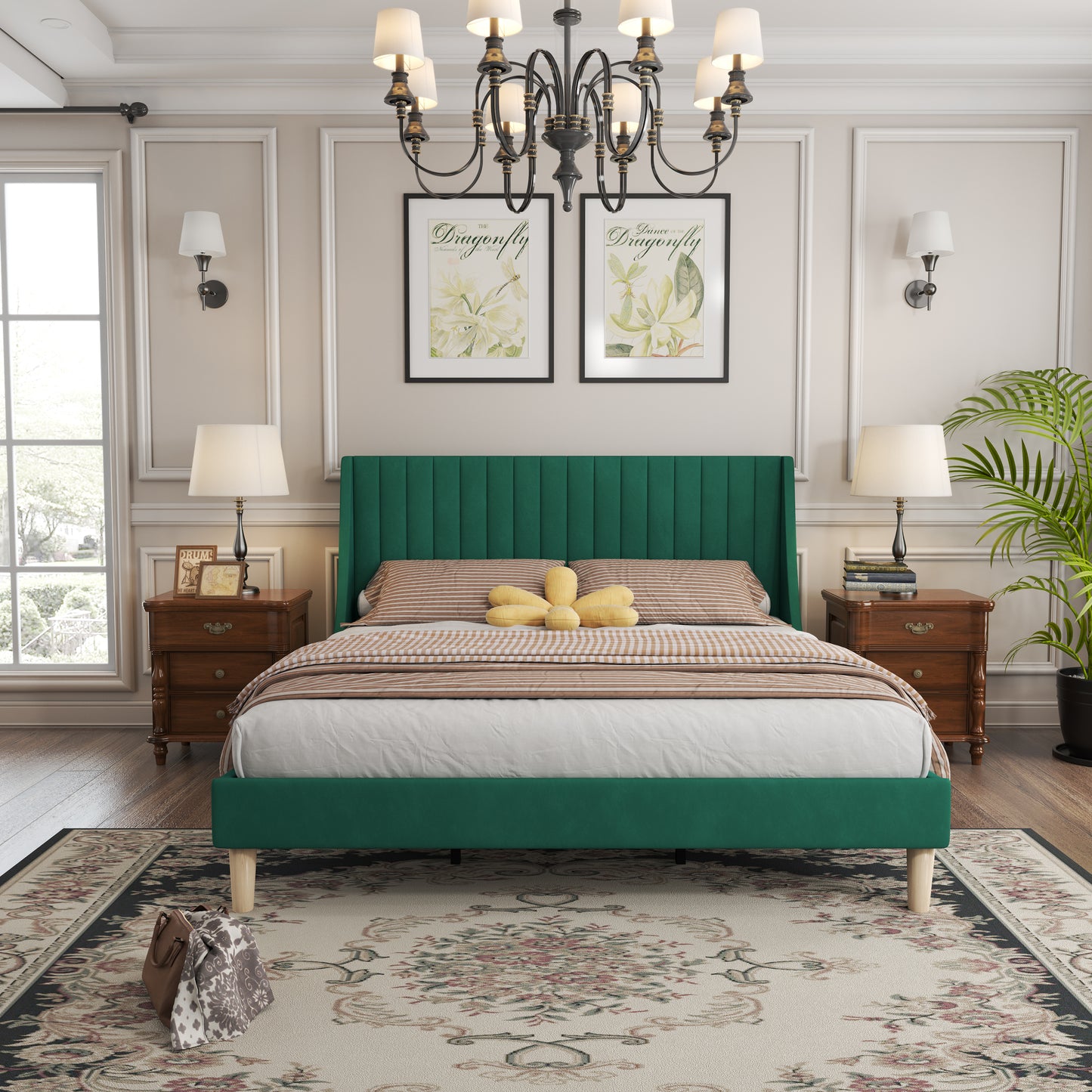 Queen Size Platform Bed with Upholstered Headboard and Slat Support, Heavy Duty Mattress Foundation, No Box Spring Required, Easy to Assemble,Green