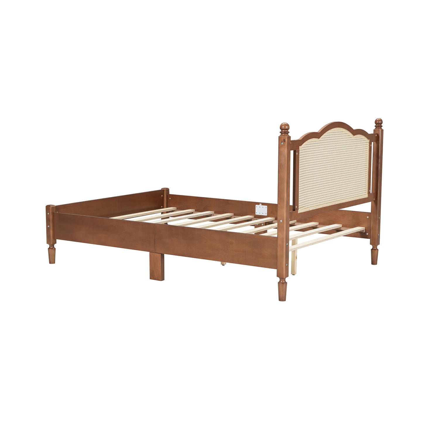 Full Size Wooden Platform Bed with Natural Rattan Headboard, Vintage Bed Frame with Wooden Slat Support, Walnut (Expected Arrival Time: 08.23)
