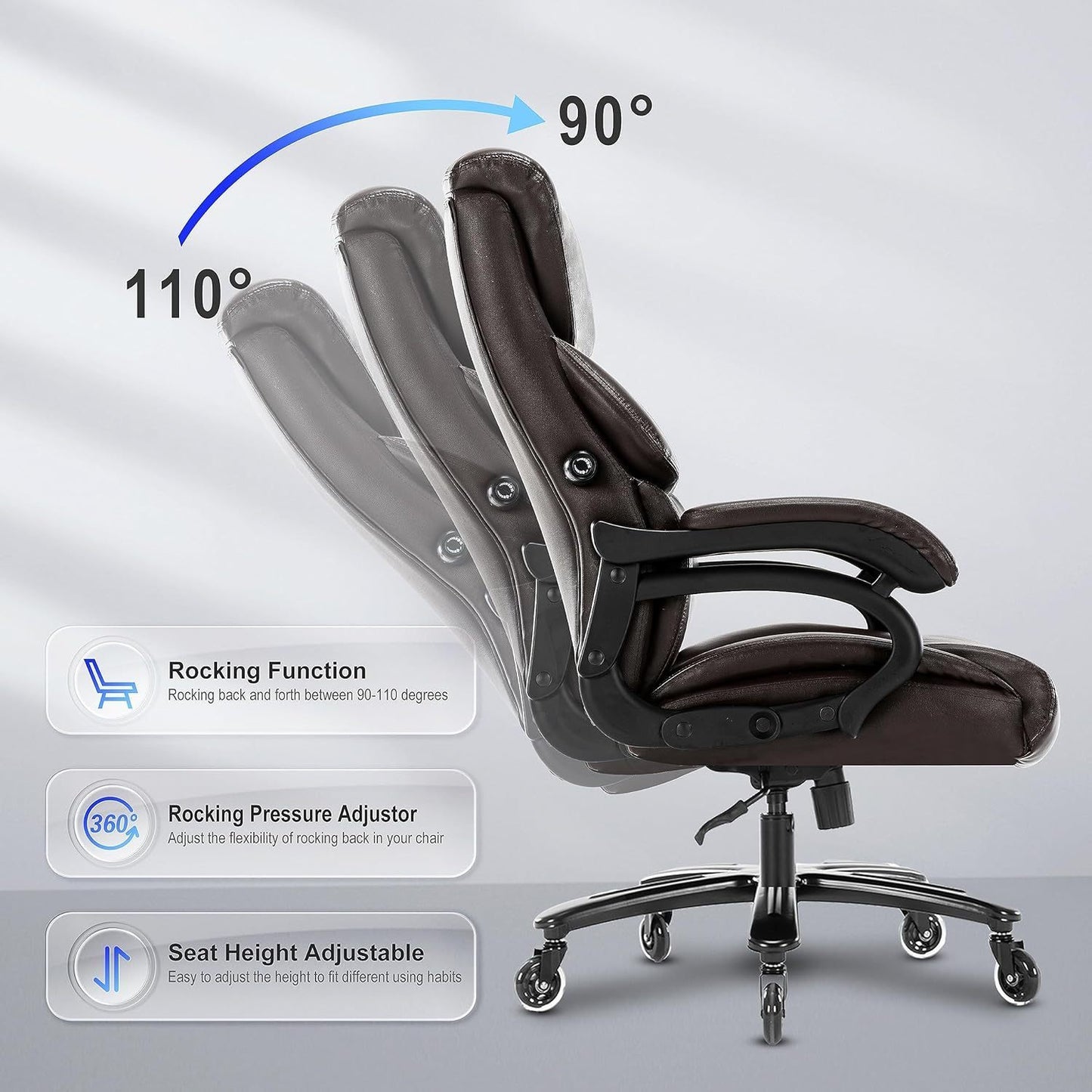 Big and Tall Office Chair 500 LBS-Executive Office Chair for Heavy People-Heavy Duty Office Chair with Sturdy Rollerblade Wheels-Desk Chair with Adjustable Lumbar Support Black Leather Chair