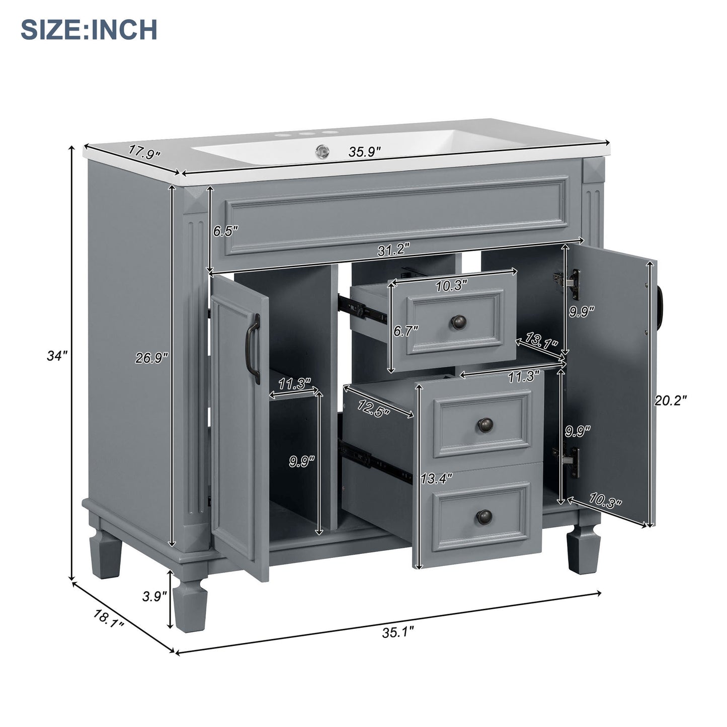 36'' Bathroom Vanity with Top Sink, Modern Bathroom Storage Cabinet with 2 Soft Closing Doors and 2 Drawers, Single Sink Bathroom Vanity