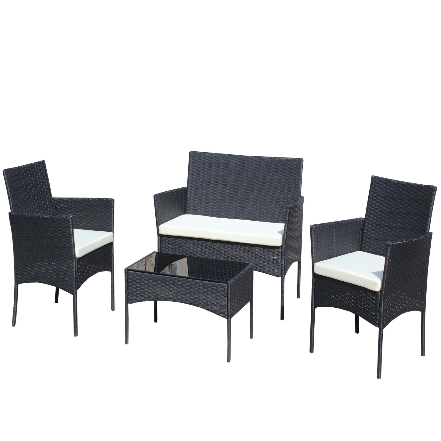 4 PC Rattan Patio Furniture Set Outdoor Patio Cushioned Seat Wicker Sofa (Beige Cushion)