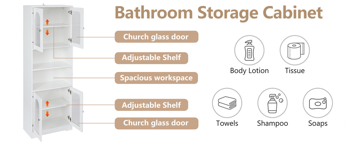 67" Tall Bathroom Storage Cabinet with Doors and Shelves, Towel Cabinet for Bathroom Freestanding, Linen Cabinet for Bathroom Storage 6 Tier, White Kitchen Pantry Cabinet Wood