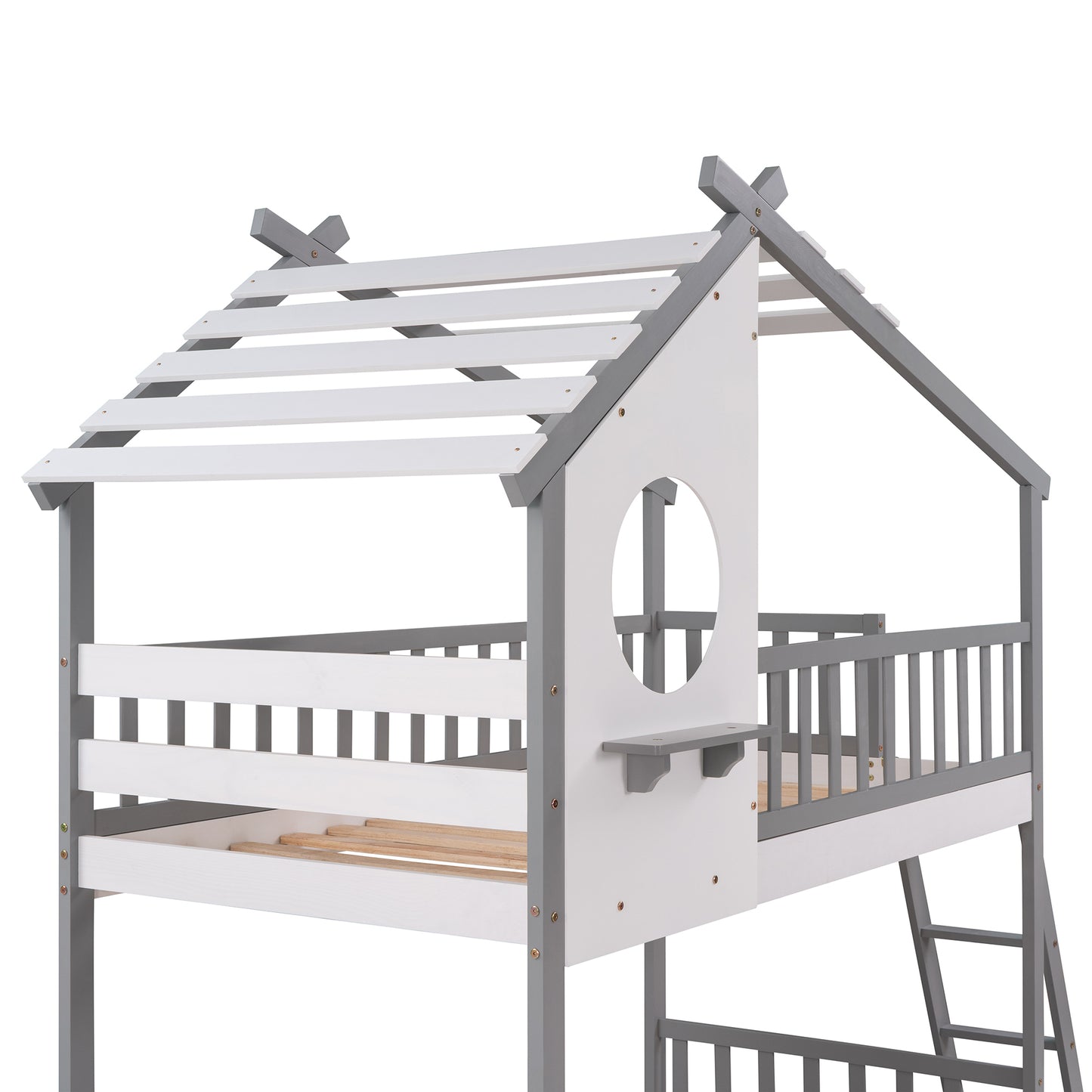 Twin Over Twin Bunk Bed Wood Bed with Roof, Window, Ladder ( Gray)(OLD SKU :LP000008AAE)