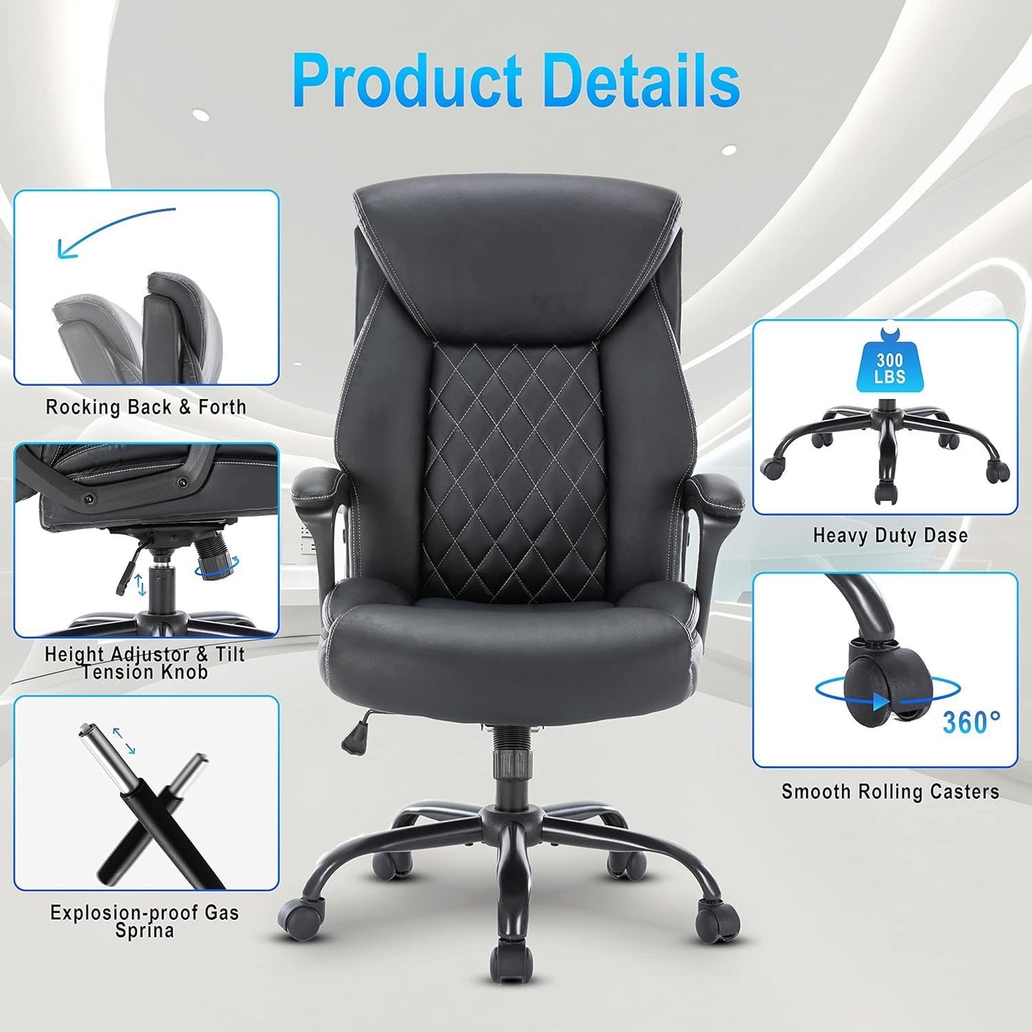 Computer Chair-Office Chair-Executive Office Chair with Fixed Armrests-Ergonomic Office Desk Chair High Back-Computer Chair with Wheels-Leather Office Chair Black with Paded Armrests