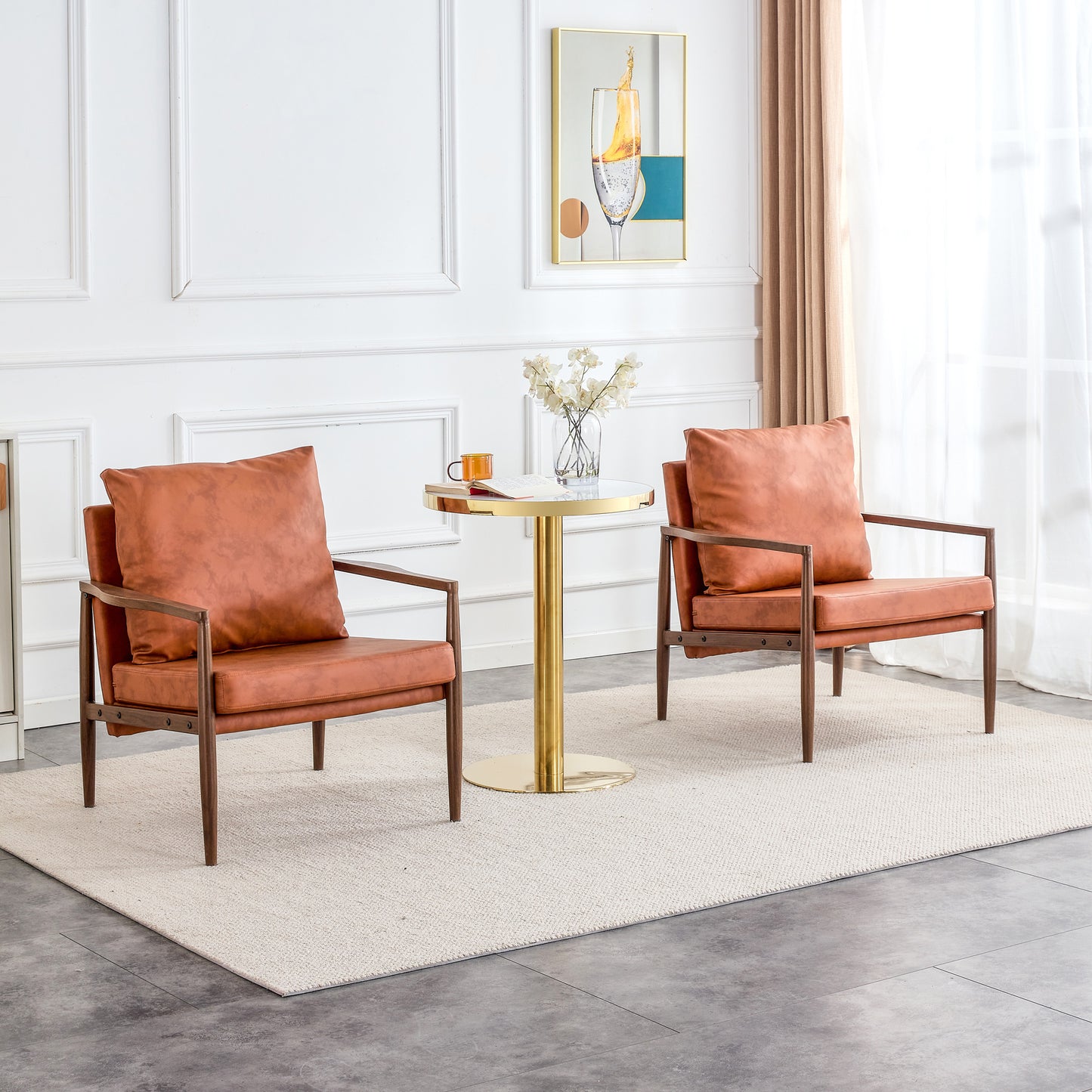 PU Leather Accent Arm Chair Mid Century Modern Upholstered Armchair with Imitation solid wood Walnut color Metal Frame Extra-Thick Padded Backrest and Seat Cushion Sofa Chairs for Living Room SF-010